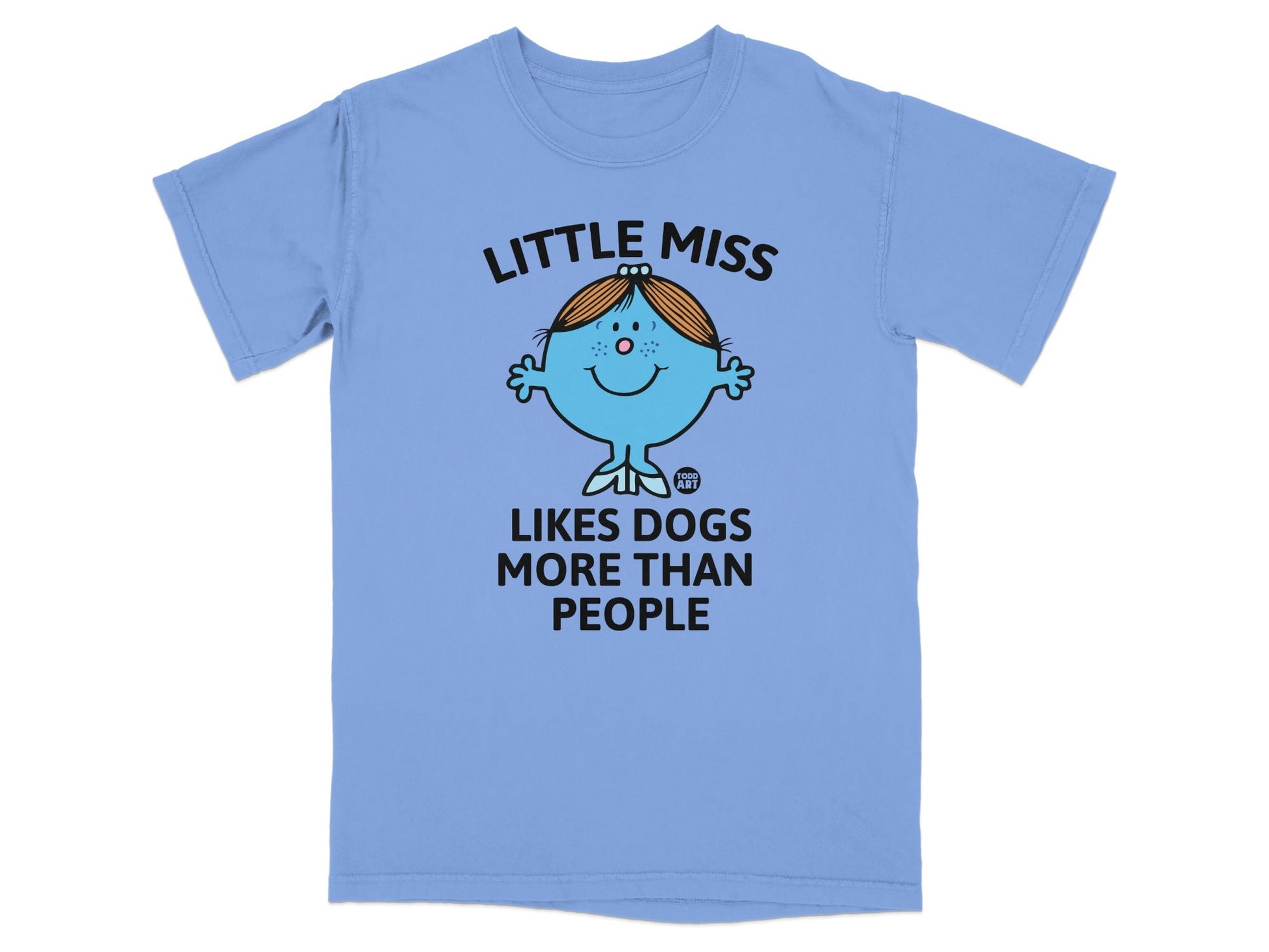 Light blue t-shirt with "Little Miss Likes Dogs More Than People" graphic.