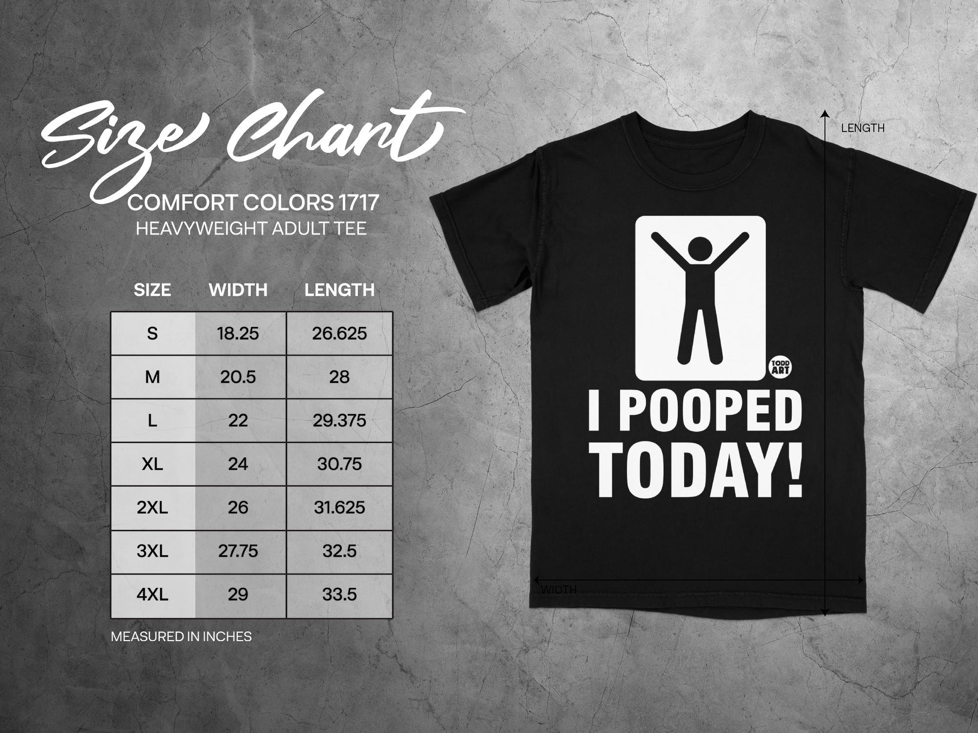 Size chart for HEAVYWEIGHT ADULT TEE with dimensions and humor t-shirt.