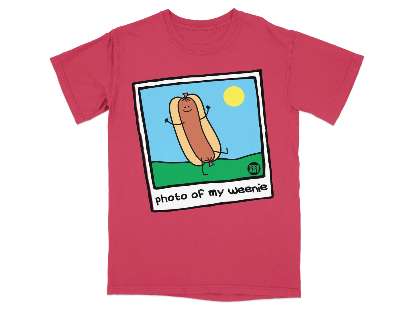 Cartoon hot dog with arms and legs, smiling, "photo of my weenie" text.