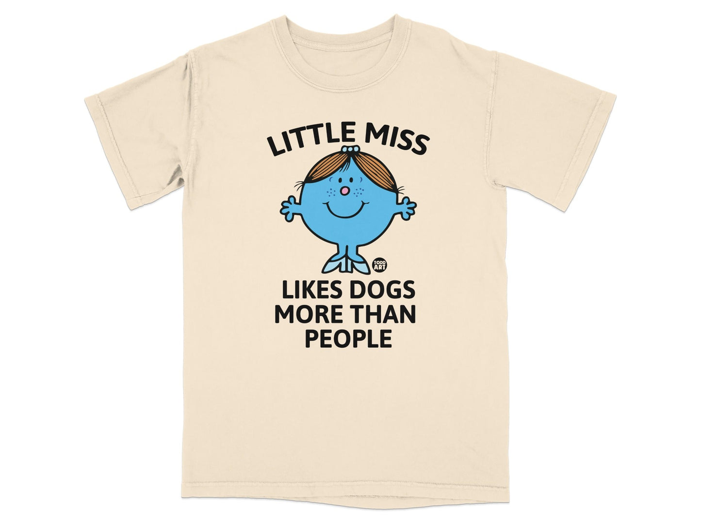 Little Miss Likes Dogs More Than People t-shirt with cartoon character.