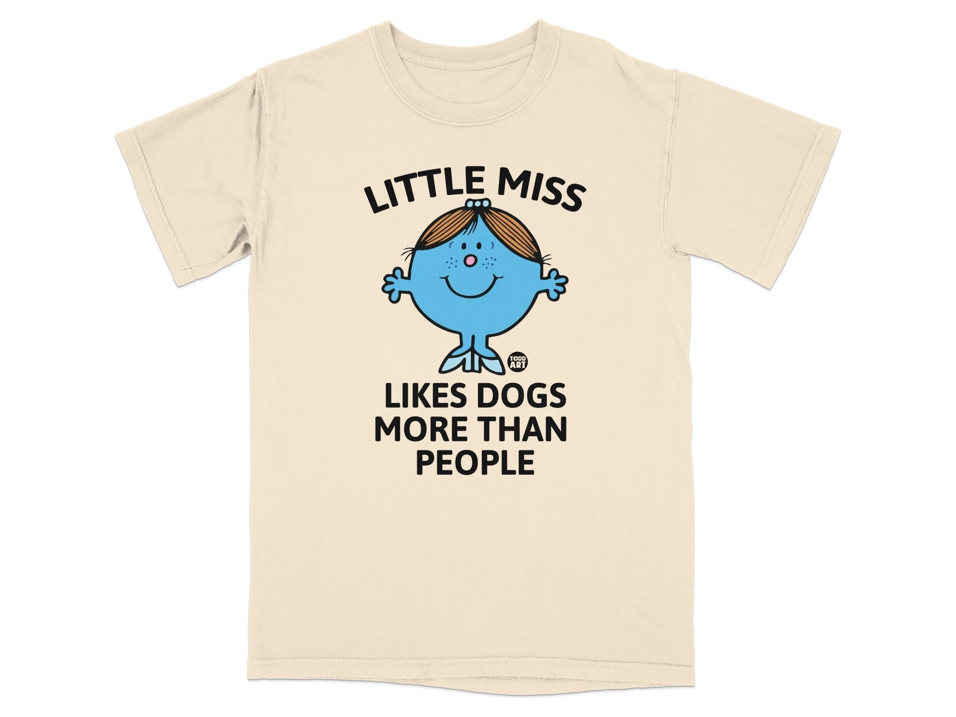 Little Miss Likes Dogs More Than People t-shirt with cartoon character.