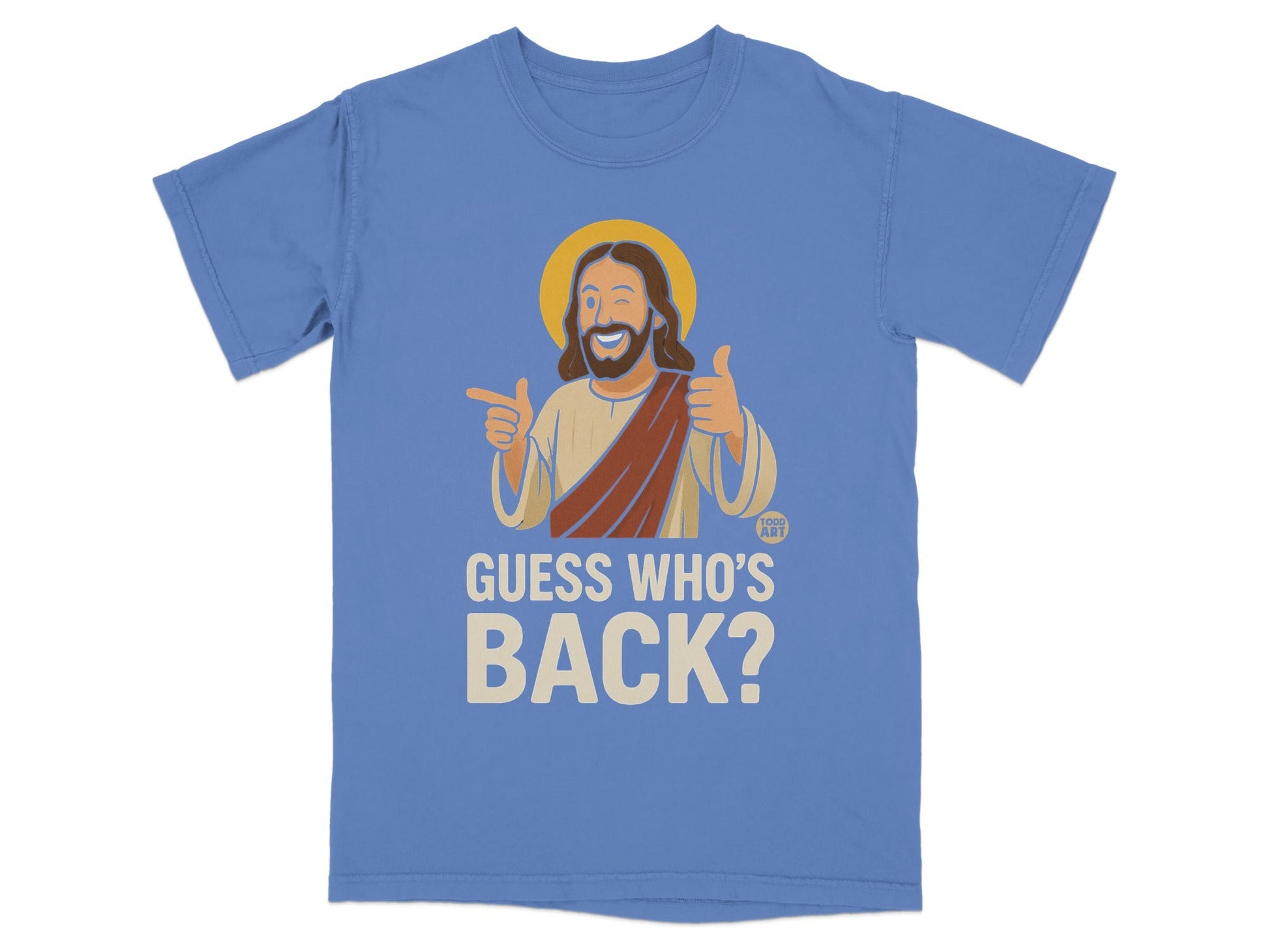 Blue t-shirt with graphic of Jesus giving thumbs up and pointing.