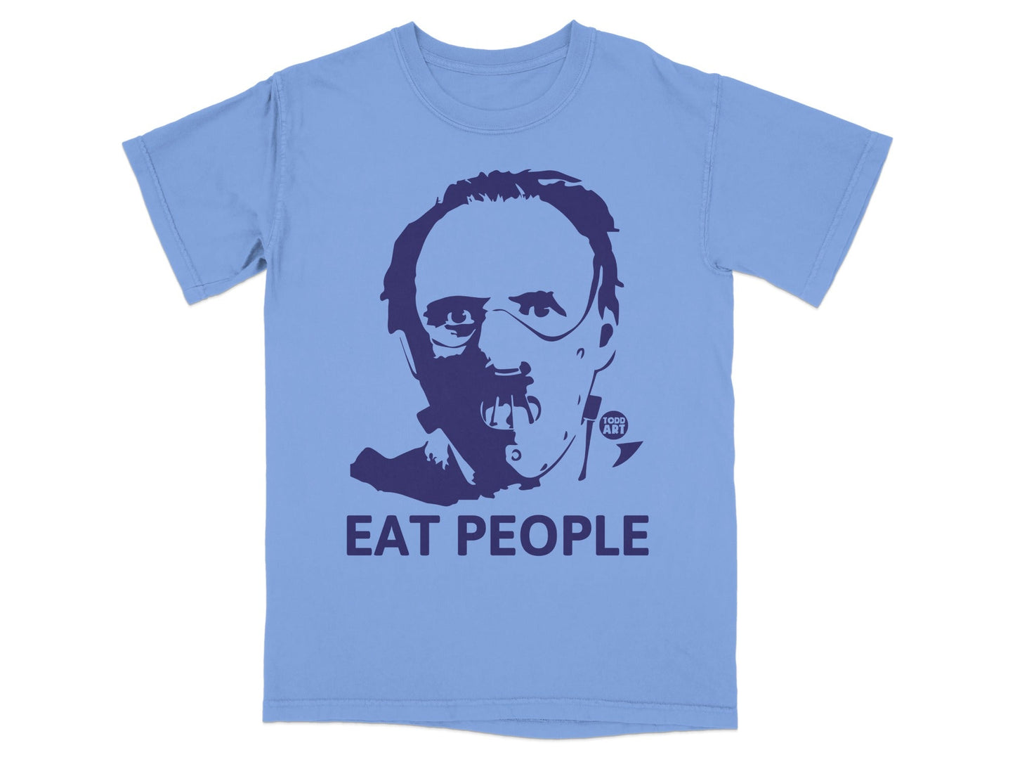 Light blue t-shirt with a dark blue graphic of a man's face and "EAT PEOPLE" text.
