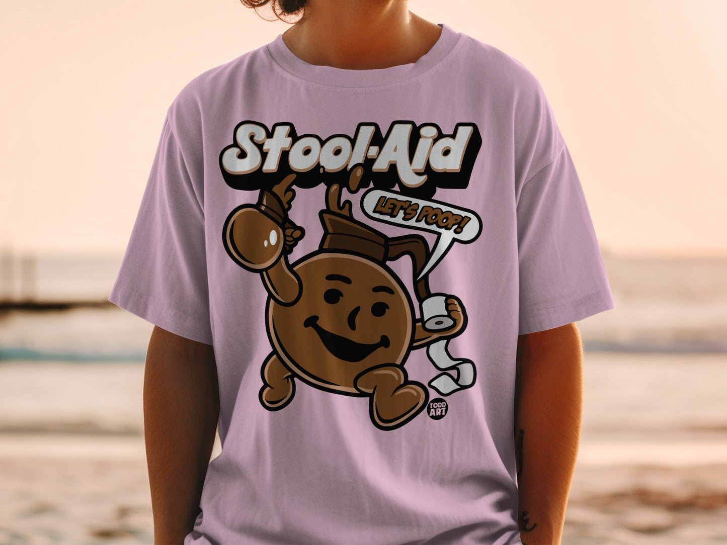 T-shirt with "Stool-Aid" and "Let's Poop!" cartoon.