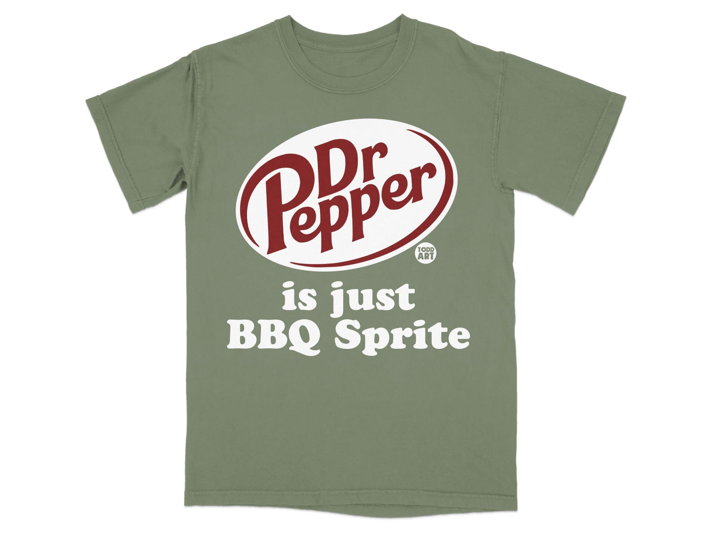 Olive green t-shirt with Dr. Pepper logo and "is just BBQ Sprite" text.