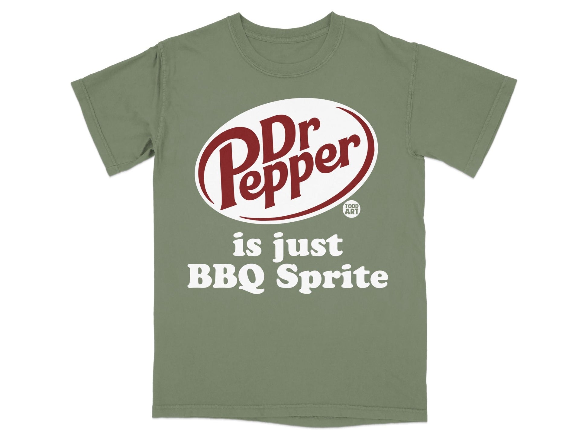 Olive green t-shirt with Dr. Pepper logo and "is just BBQ Sprite" text.