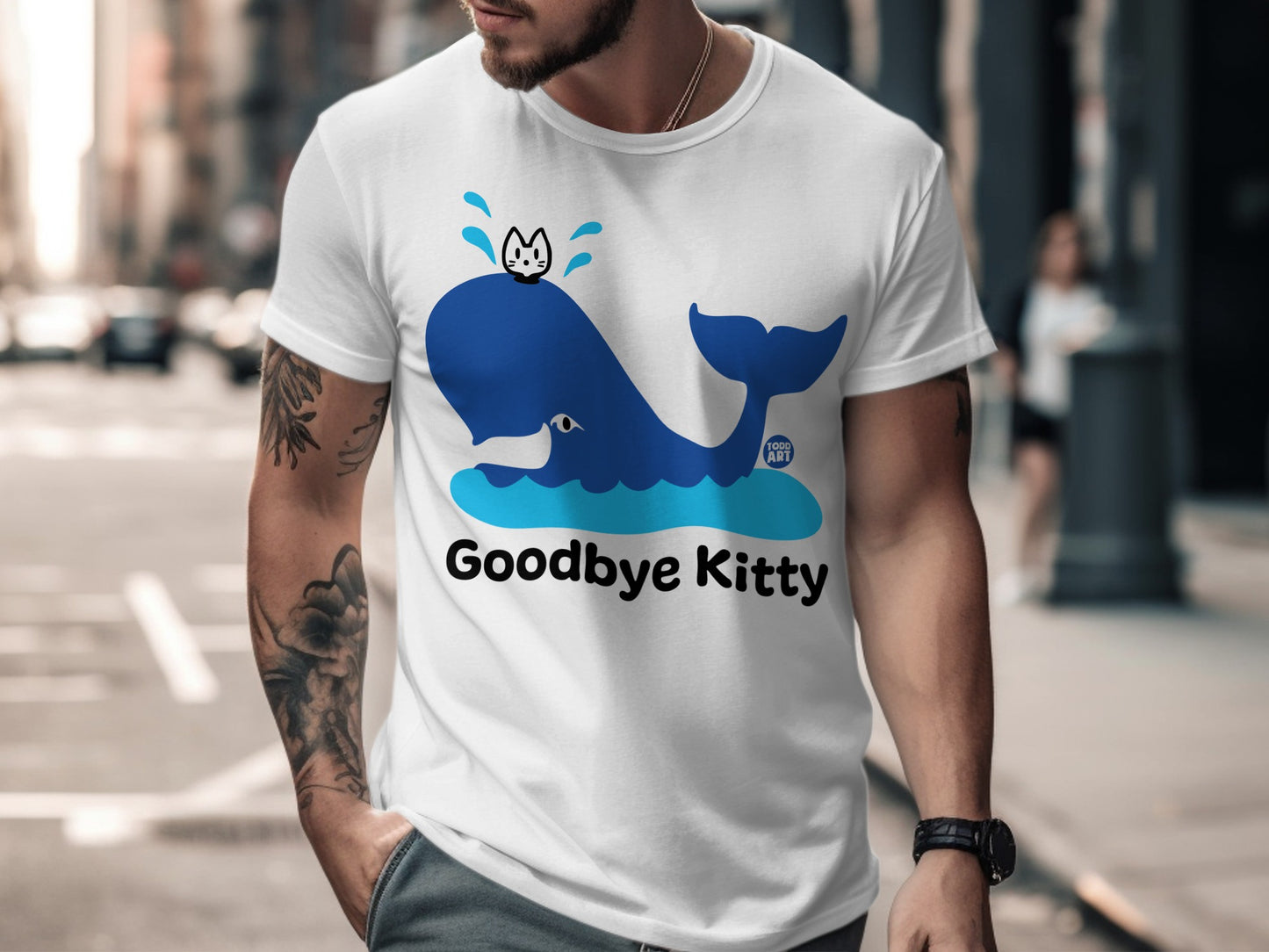 Goodbye Kitty Graphic T-Shirt Fun Whale Cat Design