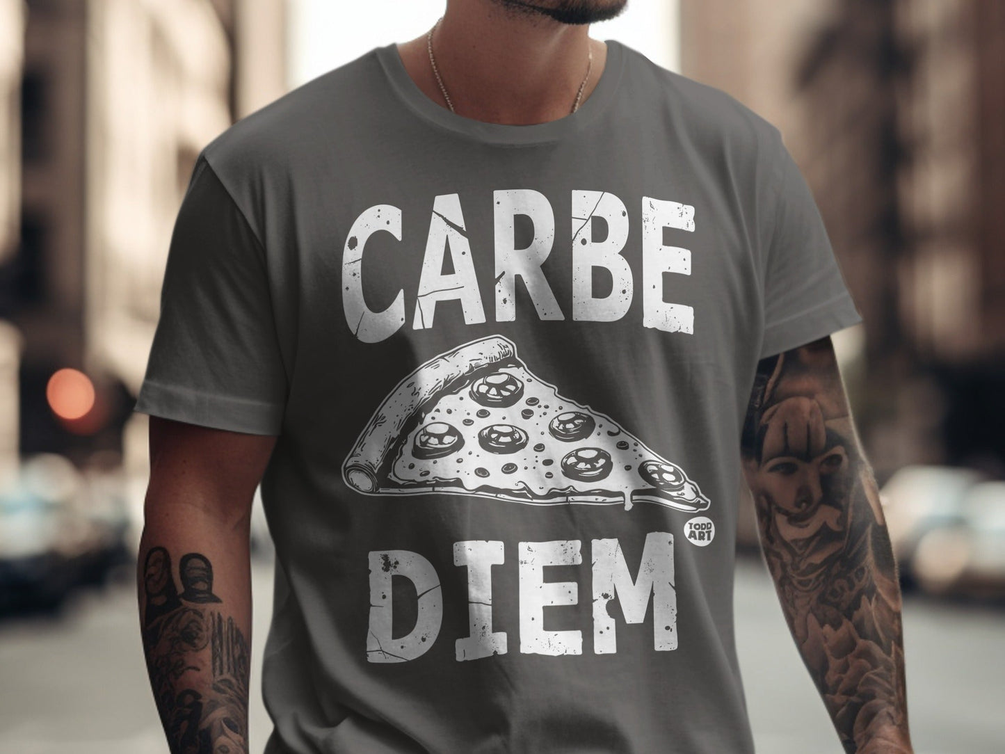 Grey t-shirt with "Carpe Diem" and a slice of pizza graphic.