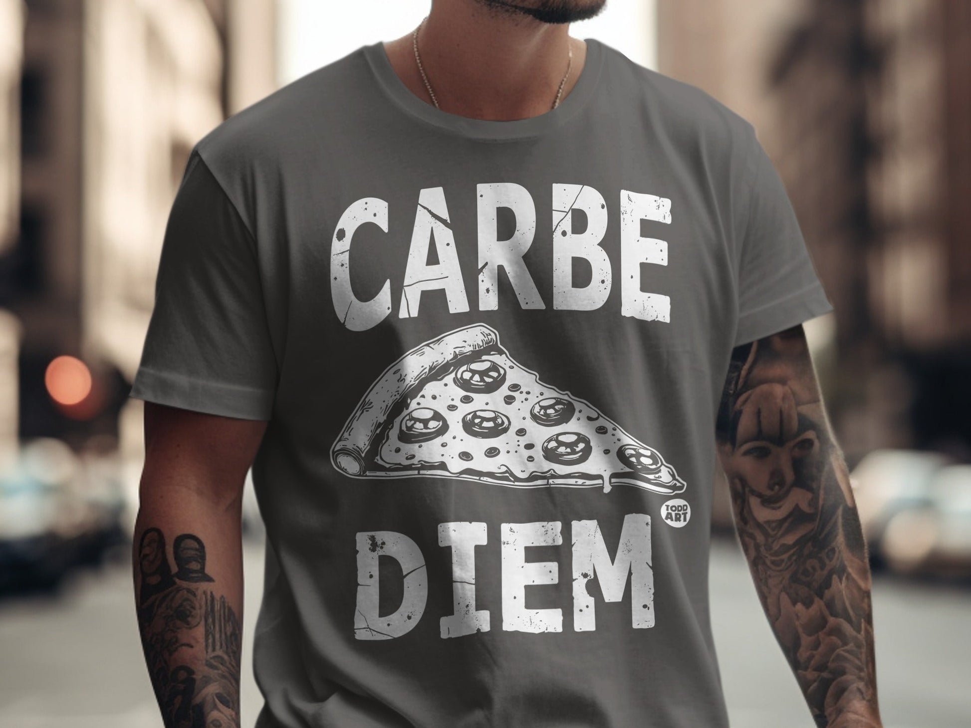 Grey t-shirt with "Carpe Diem" and a slice of pizza graphic.
