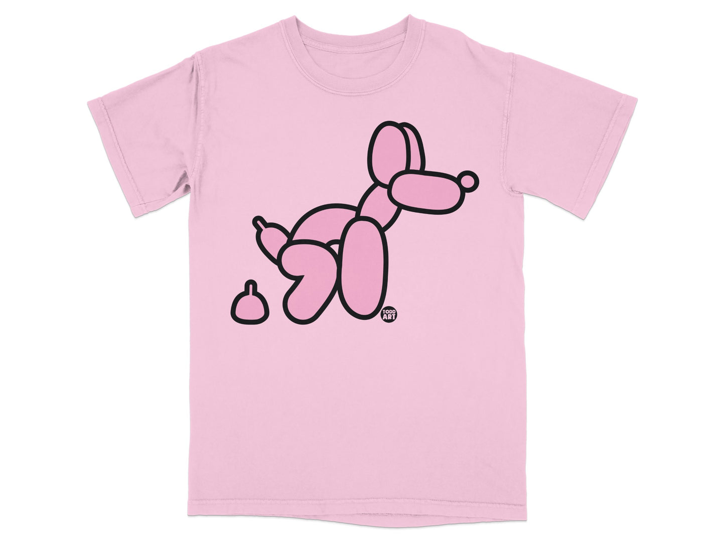 Pink t-shirt with a black line drawing of a balloon dog and its poop.