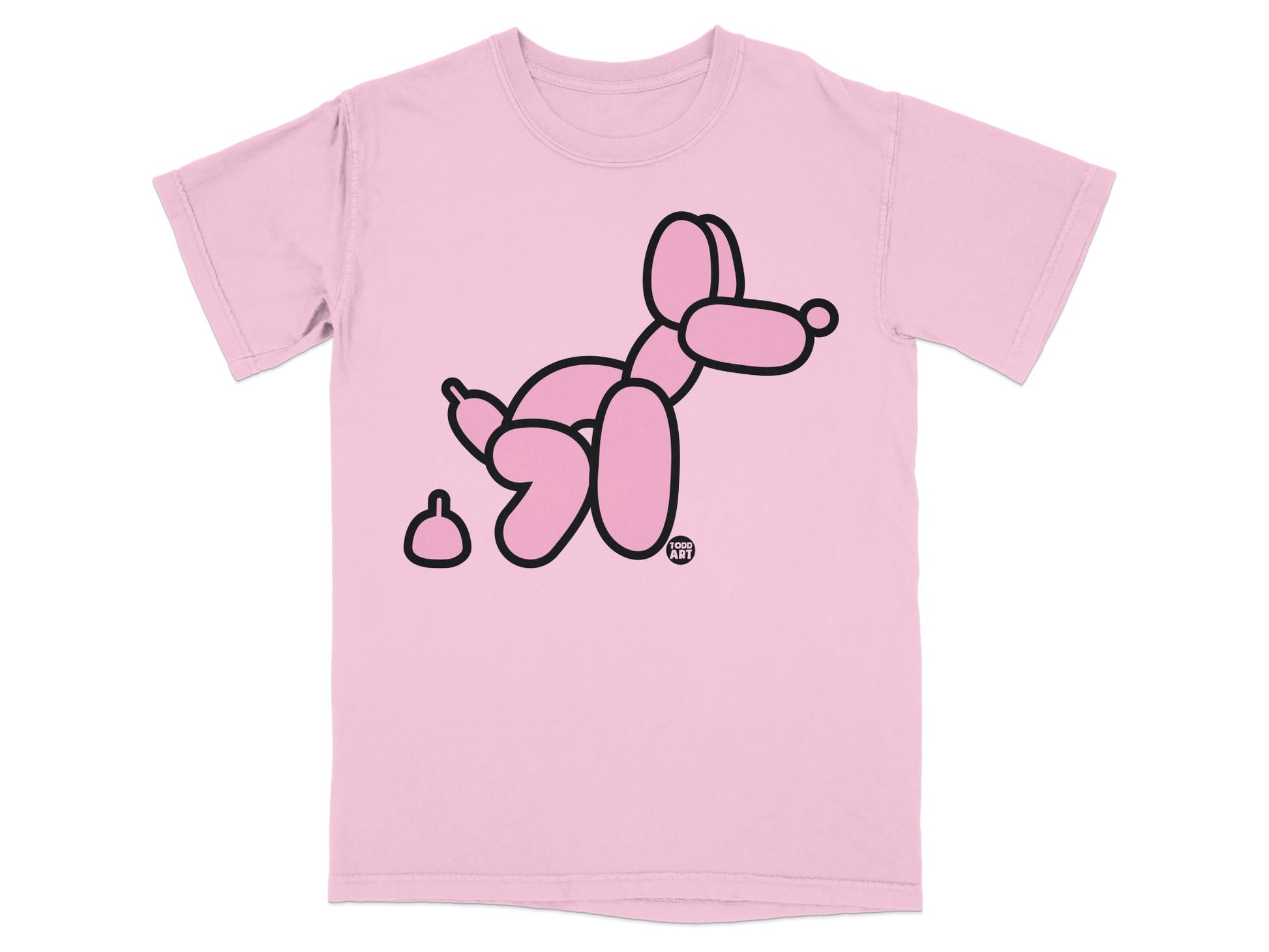 Pink t-shirt with a black line drawing of a balloon dog and its poop.