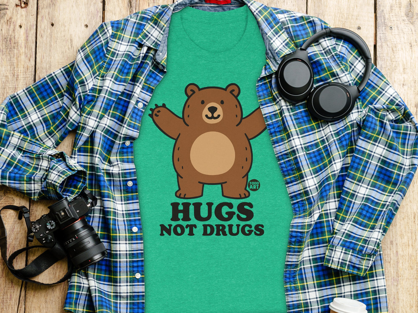 Hugs Not Drugs Bear Design T-Shirt with Cute Bear Graphic