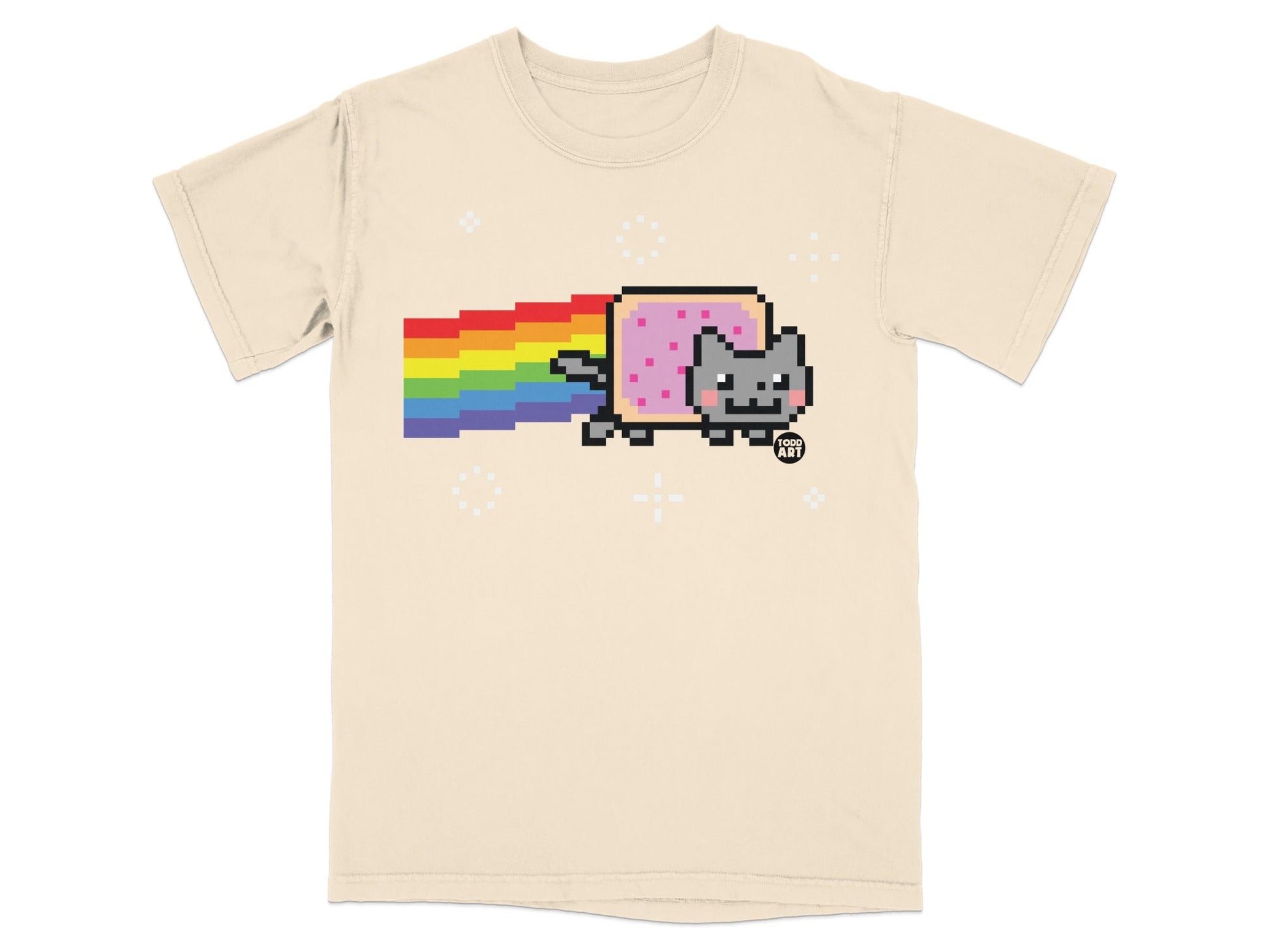 Pixelated Nyan Cat on a cream t-shirt with a rainbow trail.