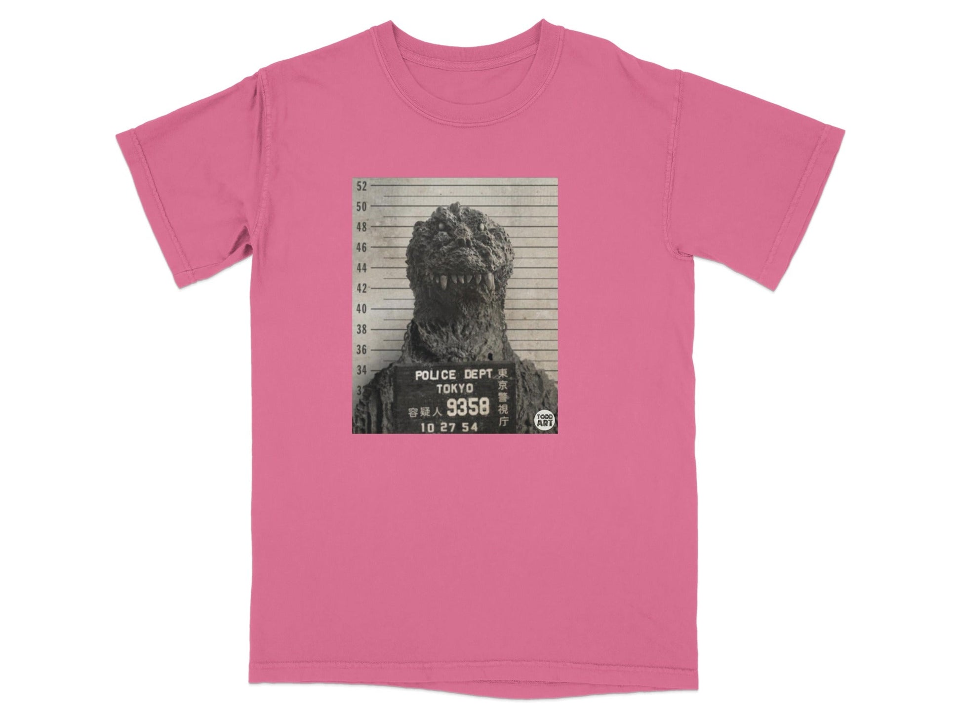 Godzilla mugshot on pink t-shirt with police and art details.