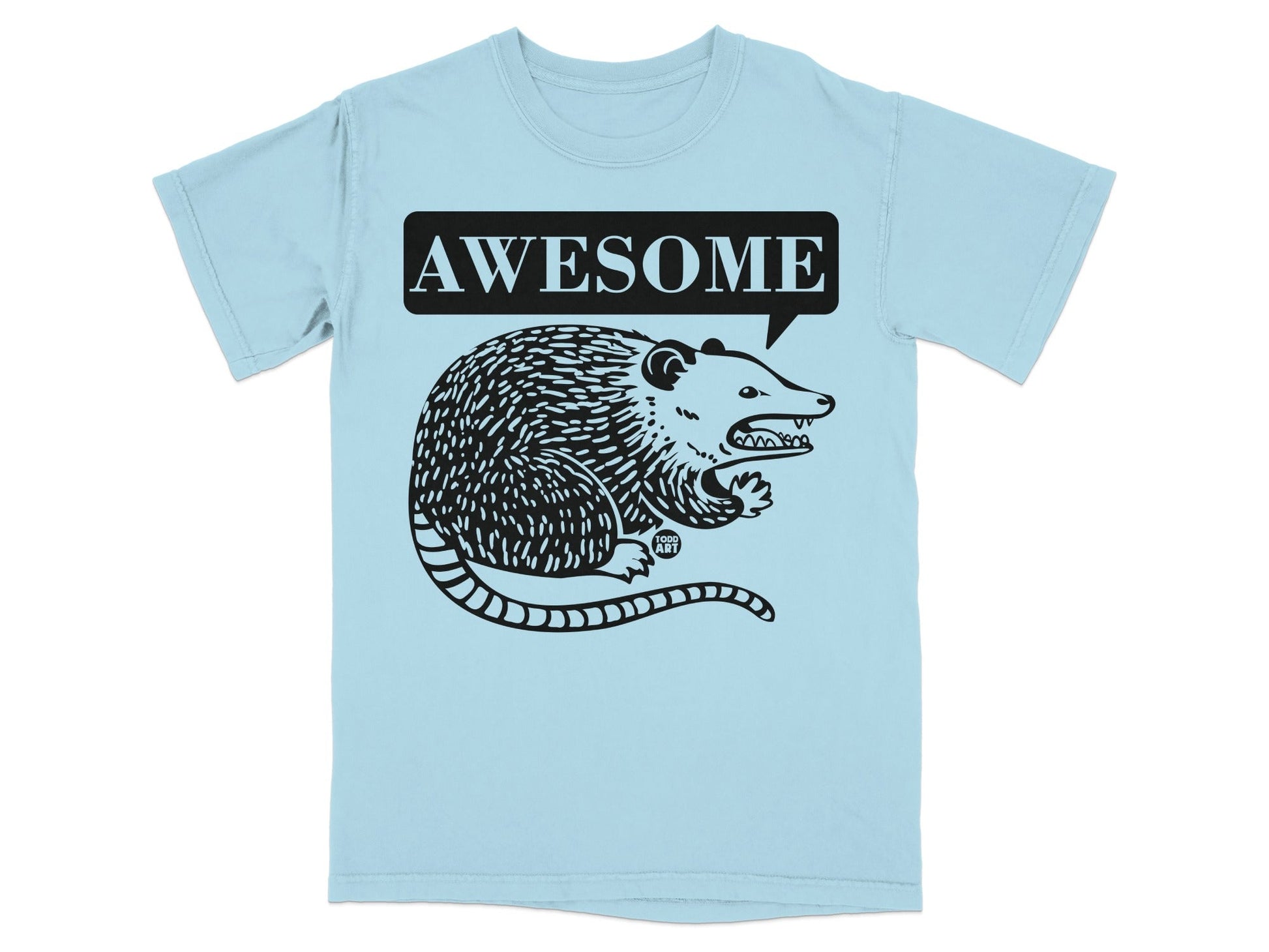 Light blue t-shirt with black graphic of a grinning possum and the word "AWESOME".