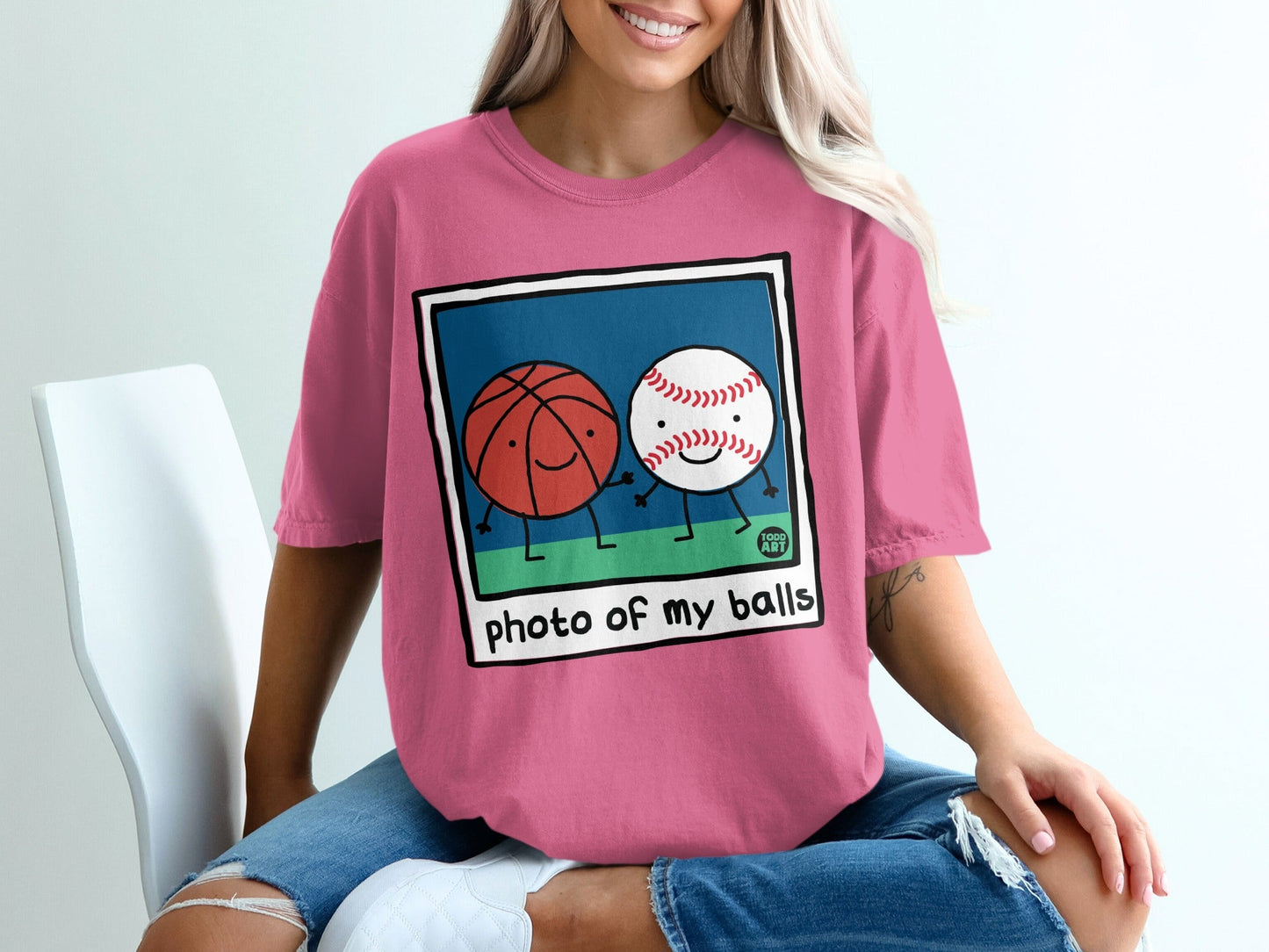 Cartoon basketball and baseball characters holding hands with text.