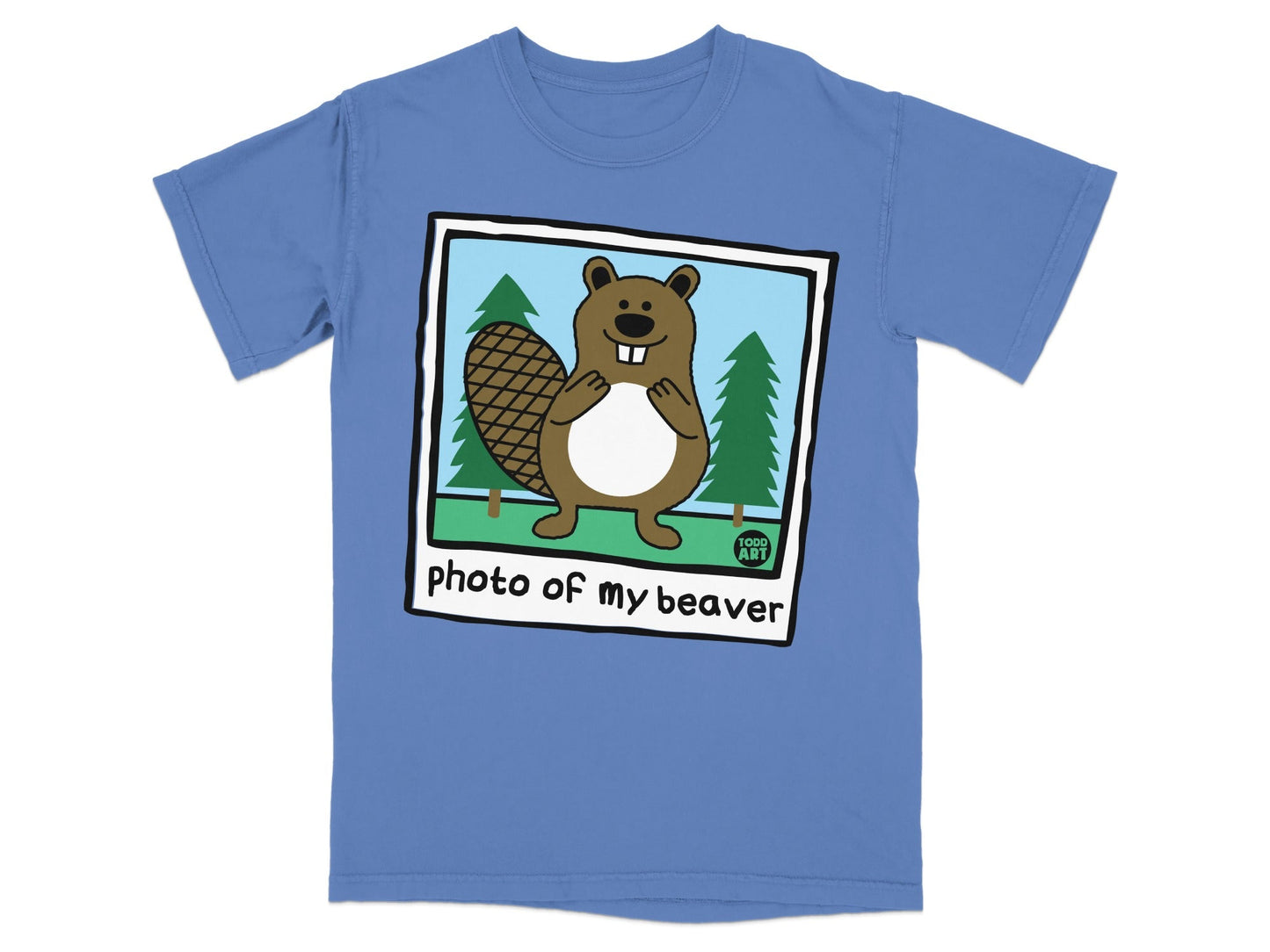 T-shirt with cartoon beaver in forest and "photo of my beaver" text.