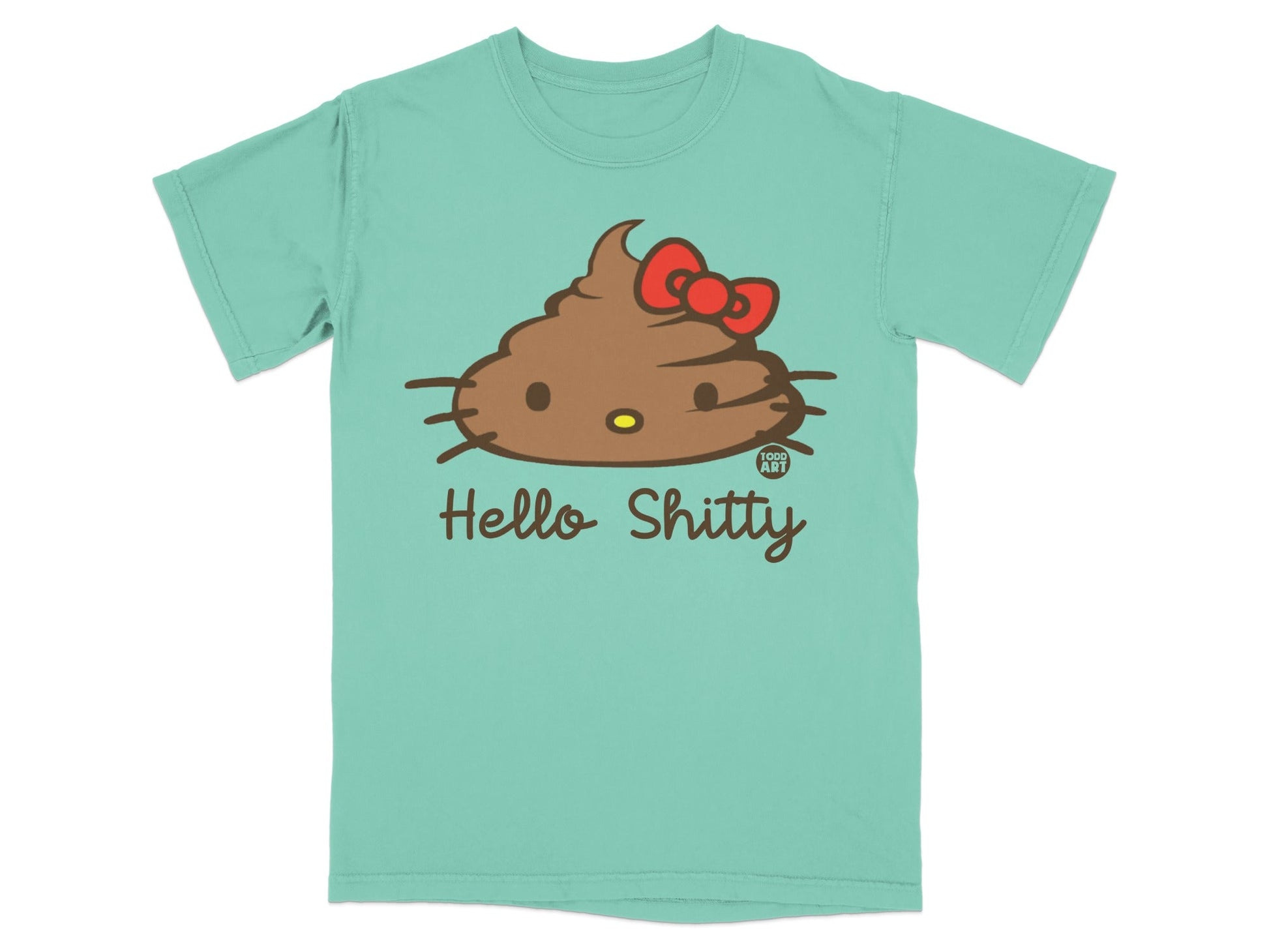 Aqua t-shirt with brown poop emoji head, red bow, and "Hello Shitty" text.