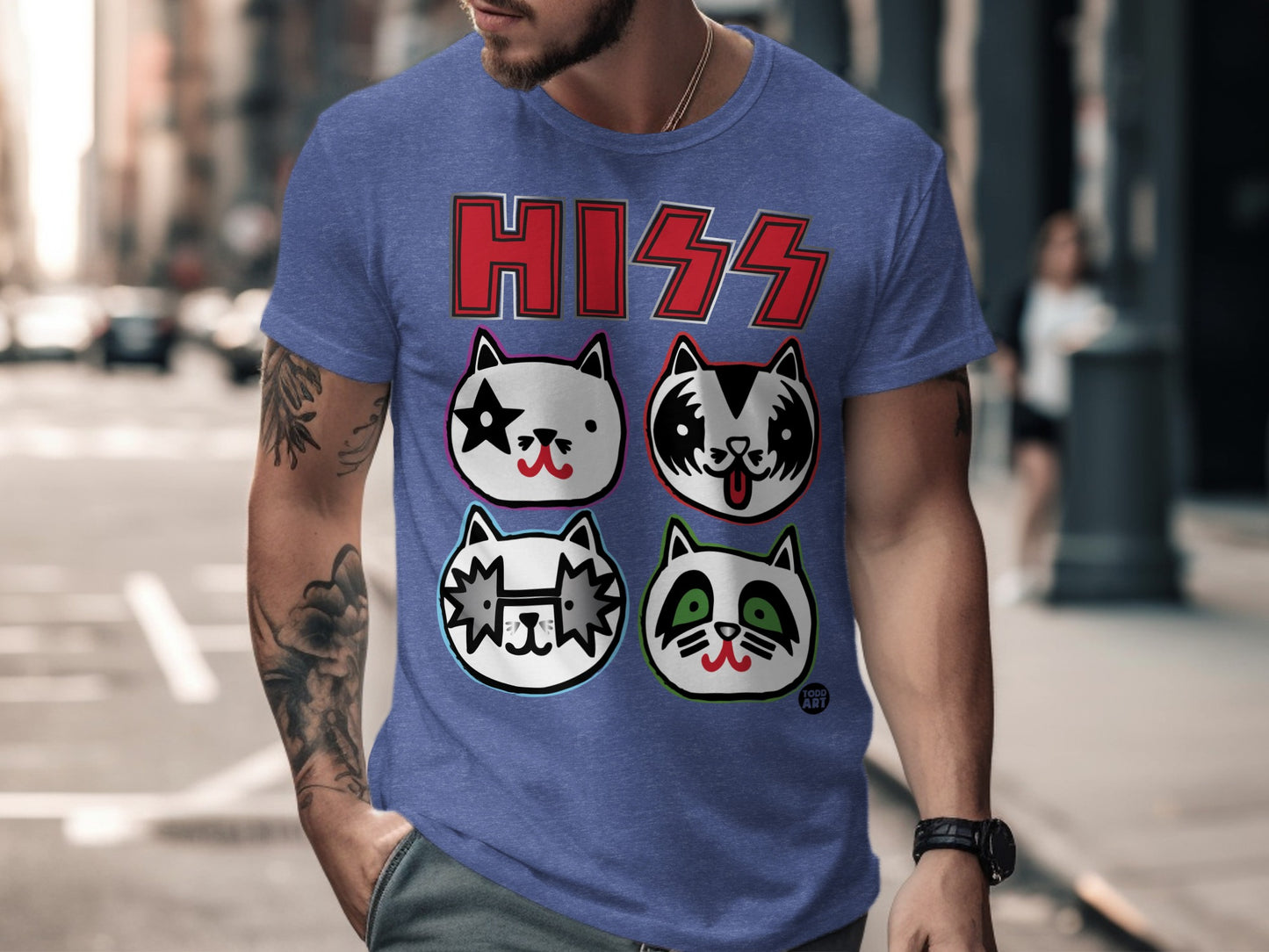 HISS Cat Band Graphic T-Shirt with Cool Cartoon Faces