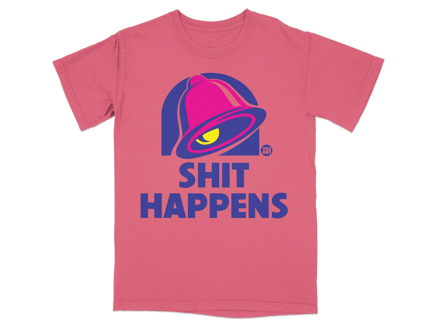 Pink t-shirt with a purple bell logo and "SHIT HAPPENS" text.