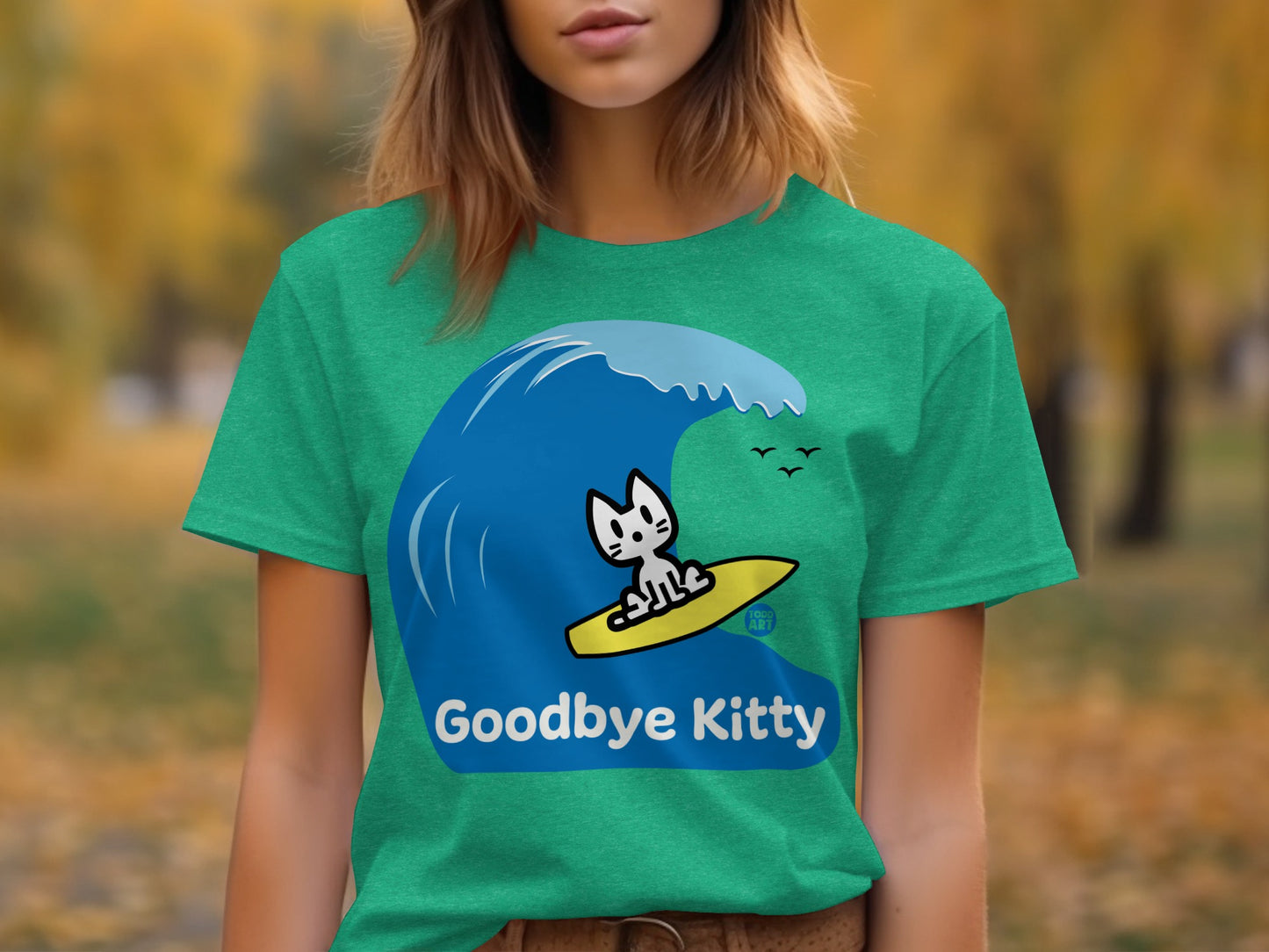 Goodbye Kitty Surfing Wave Green T-Shirt