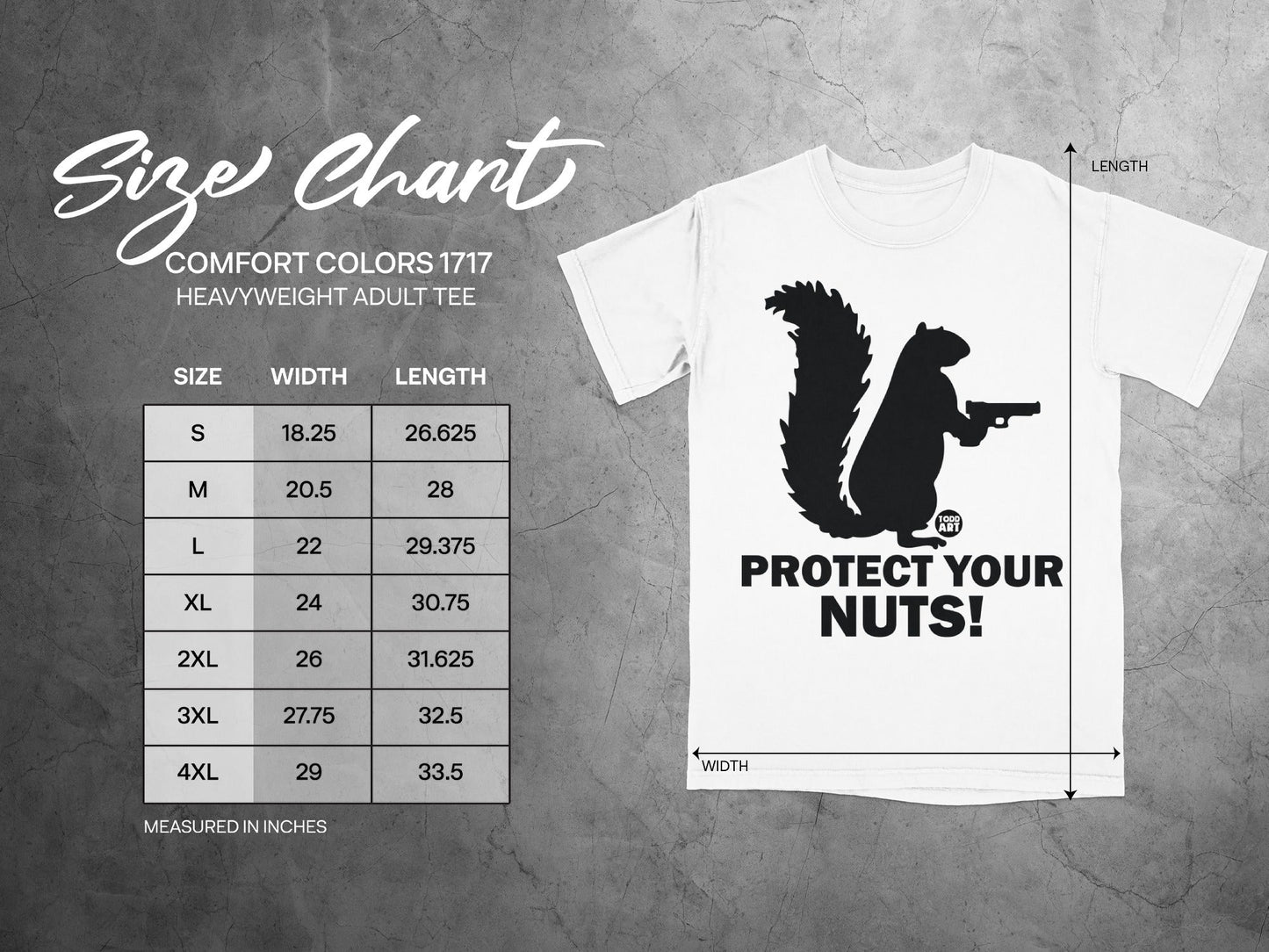 Size chart for Comfort Colors 1717 heavyweight t-shirt with squirrel graphic.