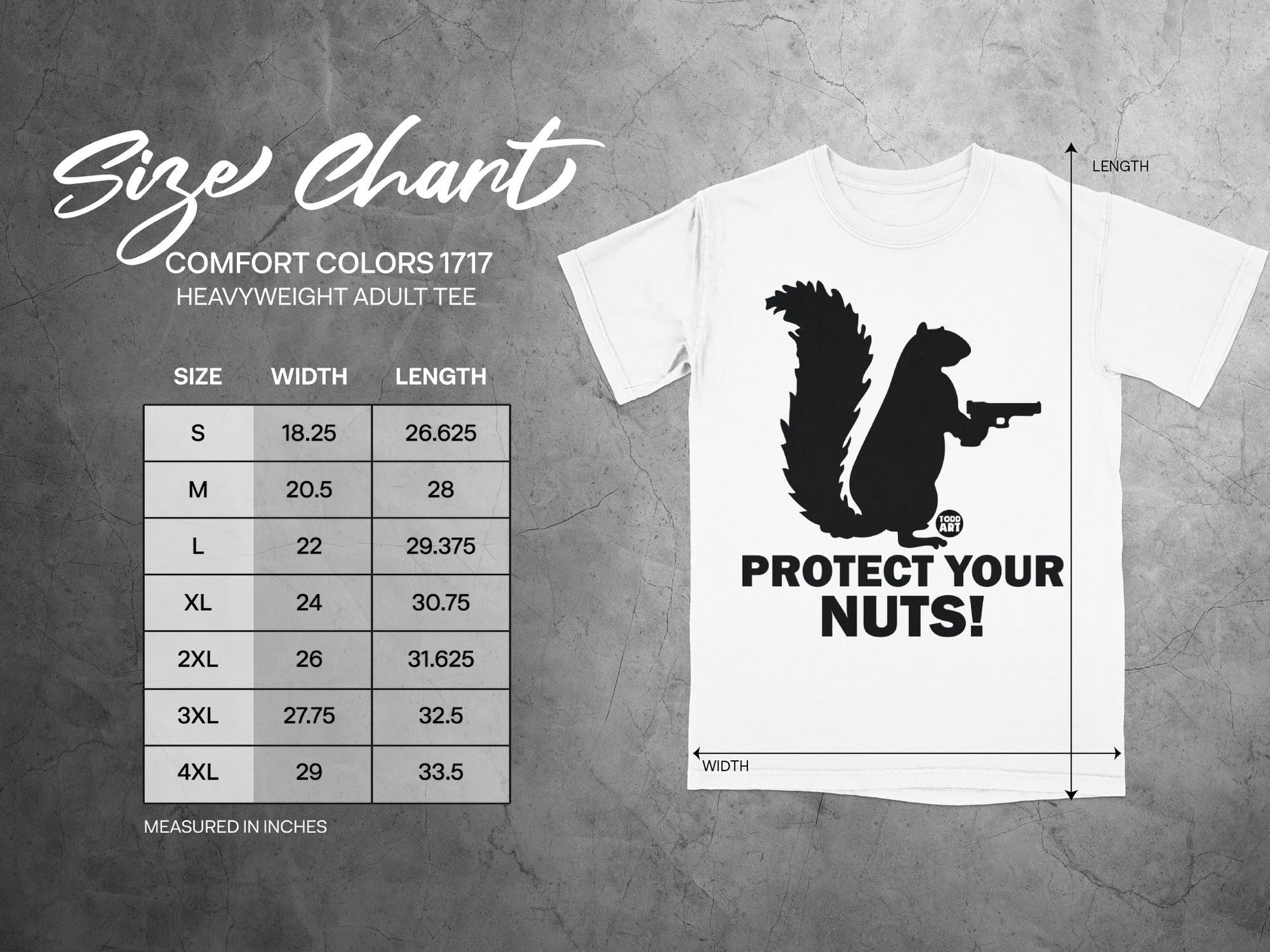 Size chart for Comfort Colors 1717 heavyweight t-shirt with squirrel graphic.