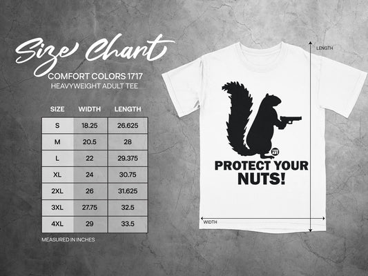 Size chart for Comfort Colors 1717 heavyweight t-shirt with squirrel graphic.