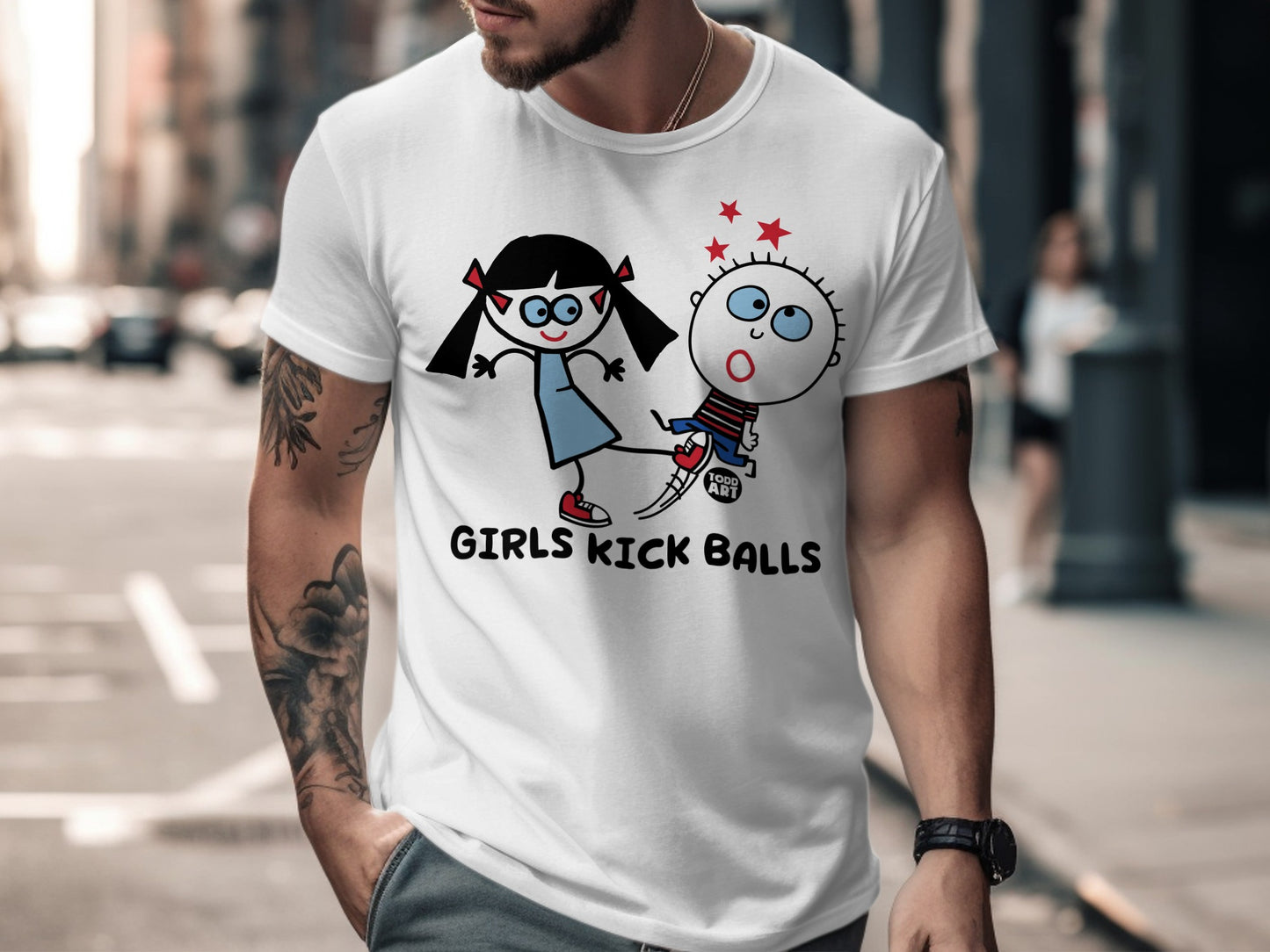 Fun Graphic Shirt with Girls Kick Balls Design