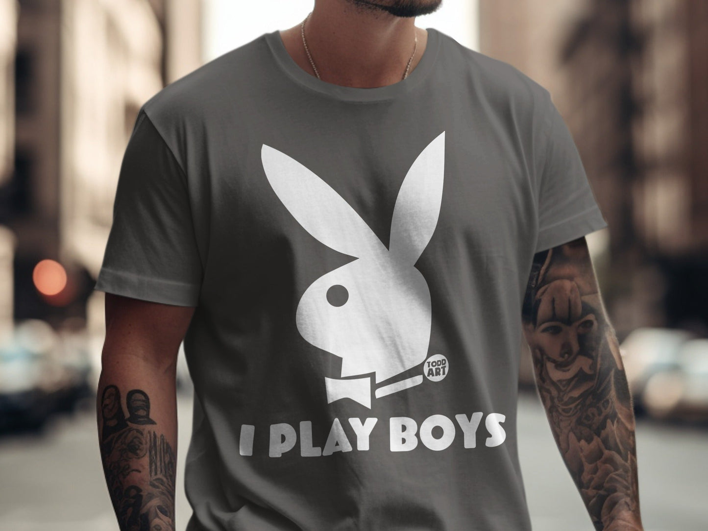Grey t-shirt with white Playboy bunny logo and "I PLAY BOYS" text.