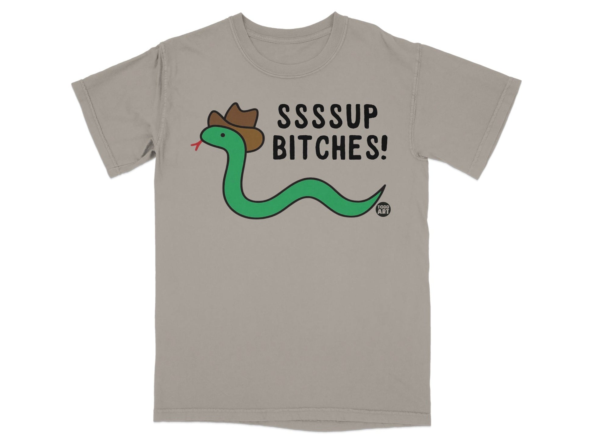 Grey t-shirt with a cartoon snake wearing a cowboy hat, text reads "SSSSUP BITCHES!".