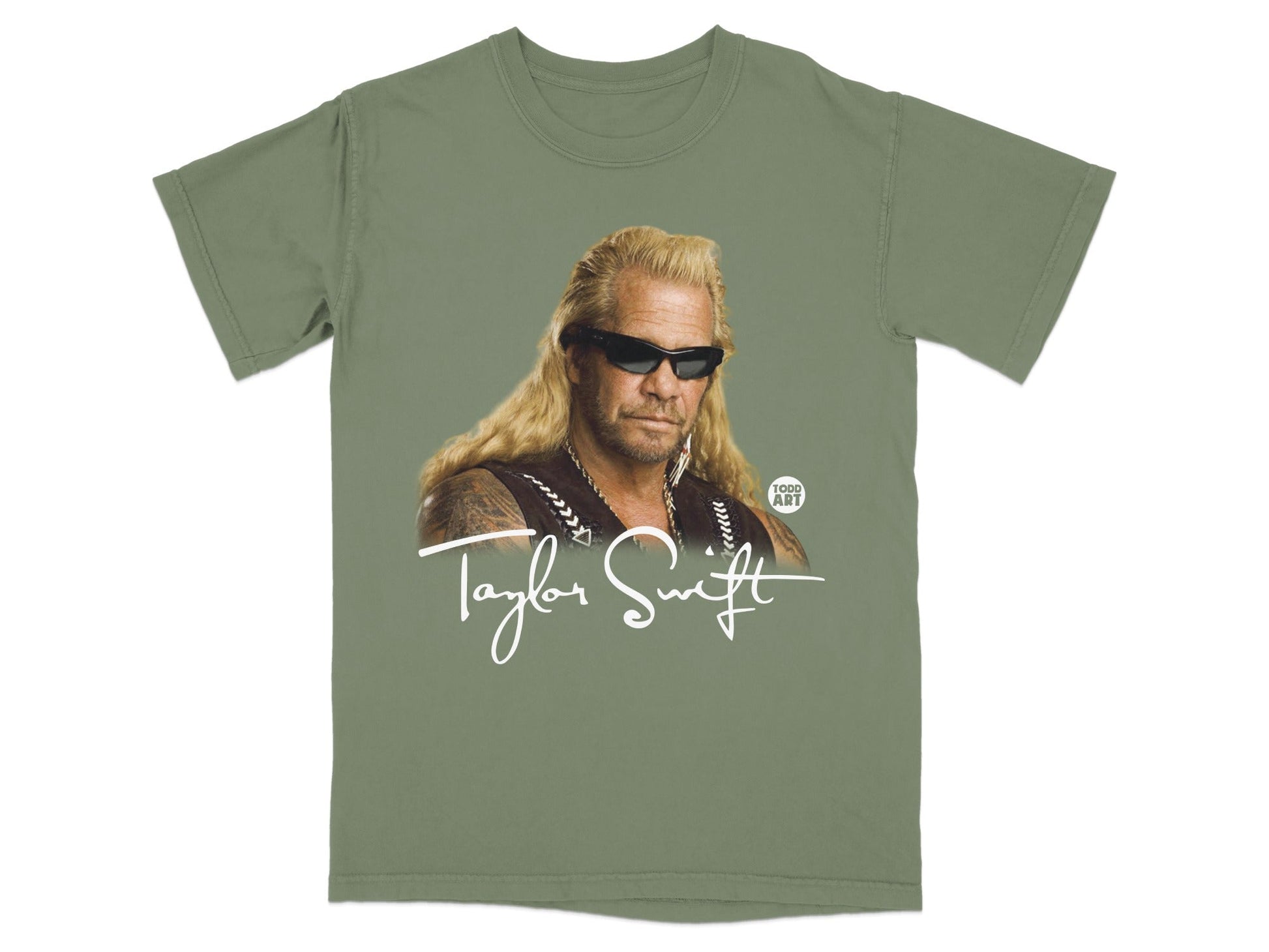 Green t-shirt with Dog the Bounty Hunter and "Taylor Swift" graphic.