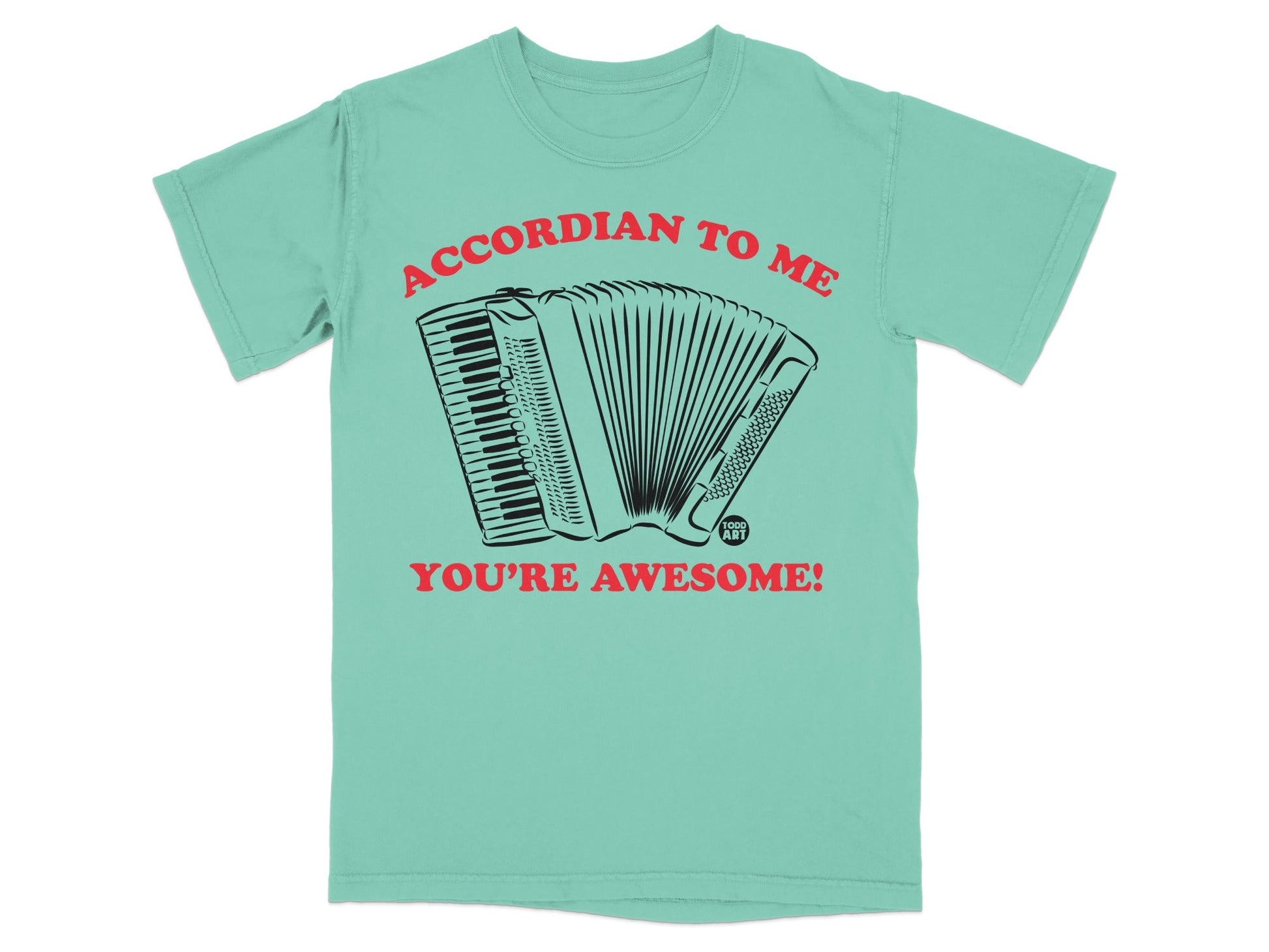 Teal t-shirt with accordion graphic and text "ACCORDIAN TO ME YOU'RE AWESOME!".