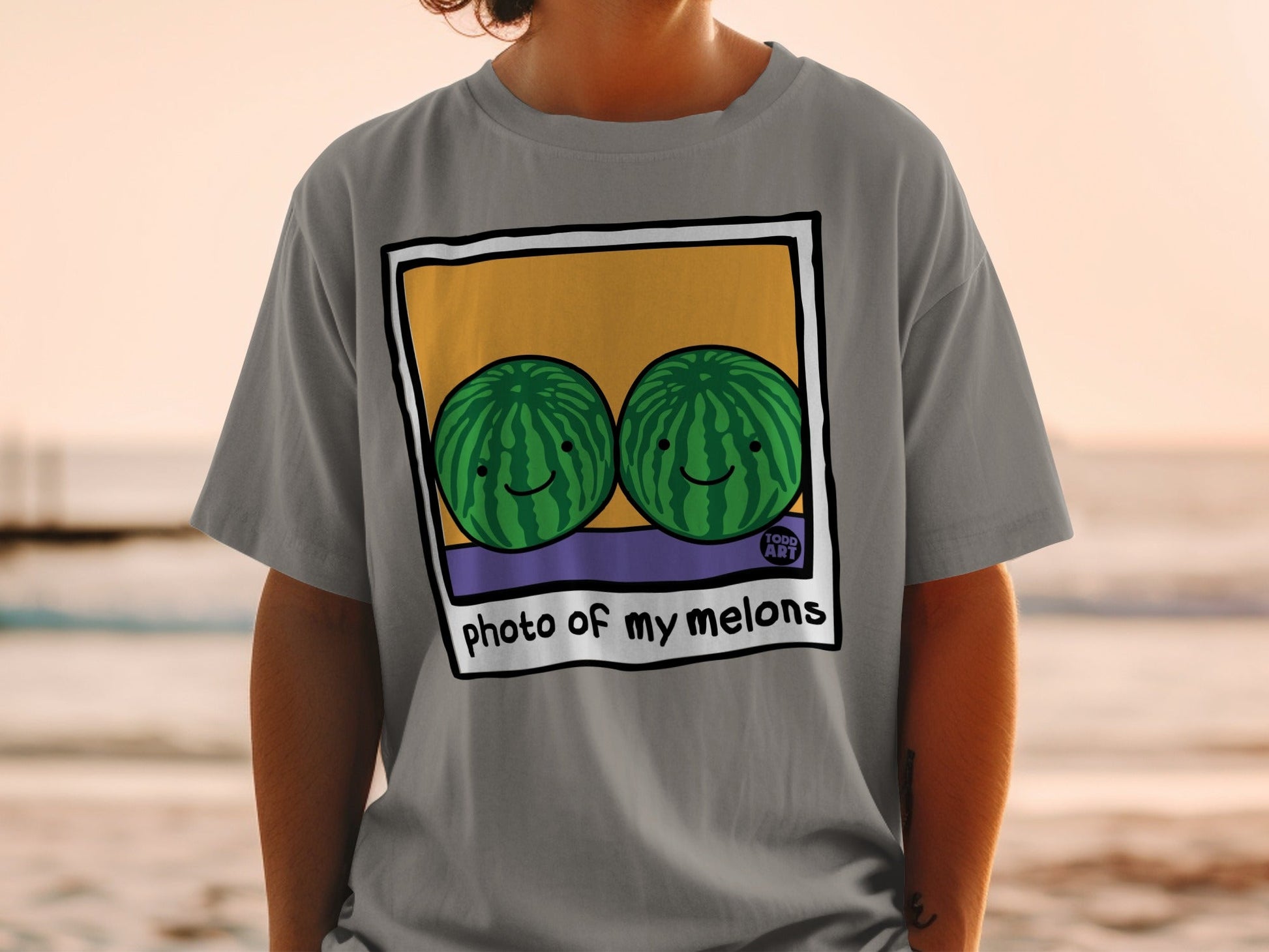 Grey t-shirt with cartoon watermelons and text "photo of my melons".