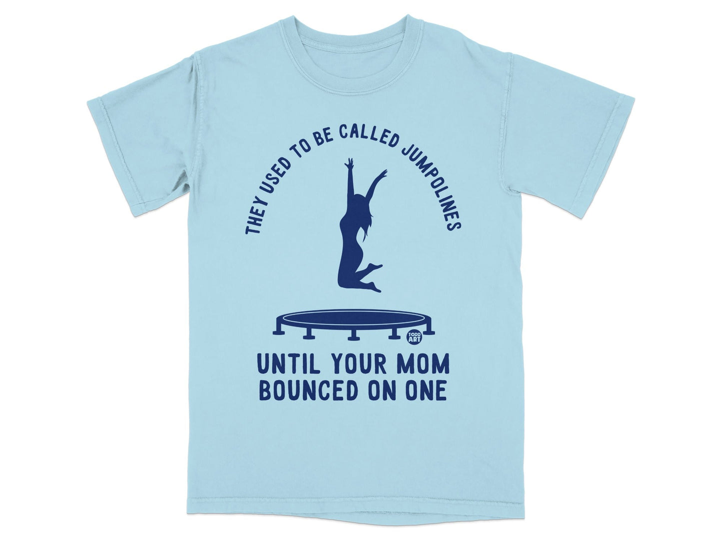 Light blue t-shirt with trampoline graphic and text.