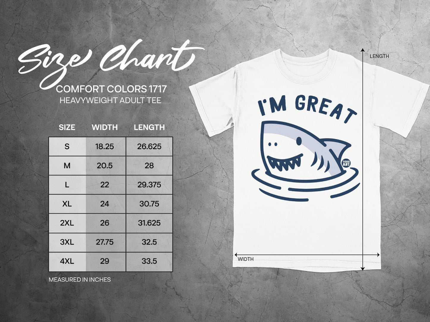 Comfort Colors 1717 size chart with shark graphic, measured in inches.