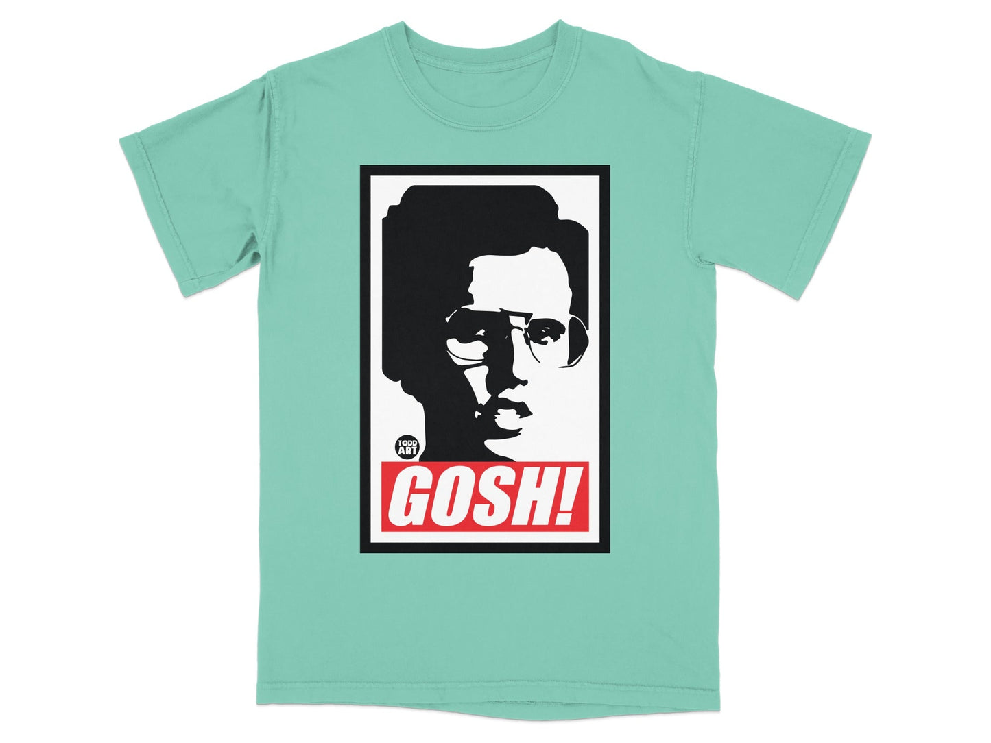 T-shirt with a black and white portrait and the word "GOSH!" in red.