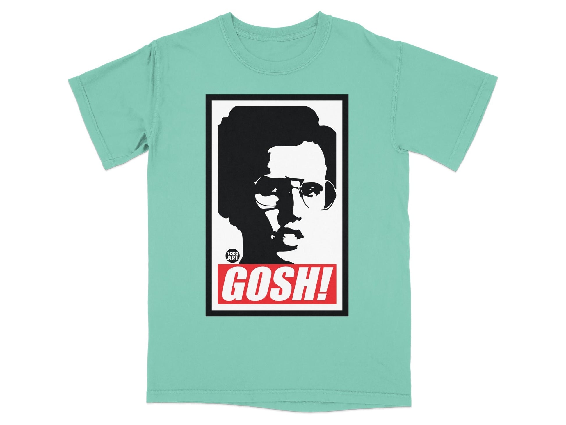 T-shirt with a black and white portrait and the word "GOSH!" in red.