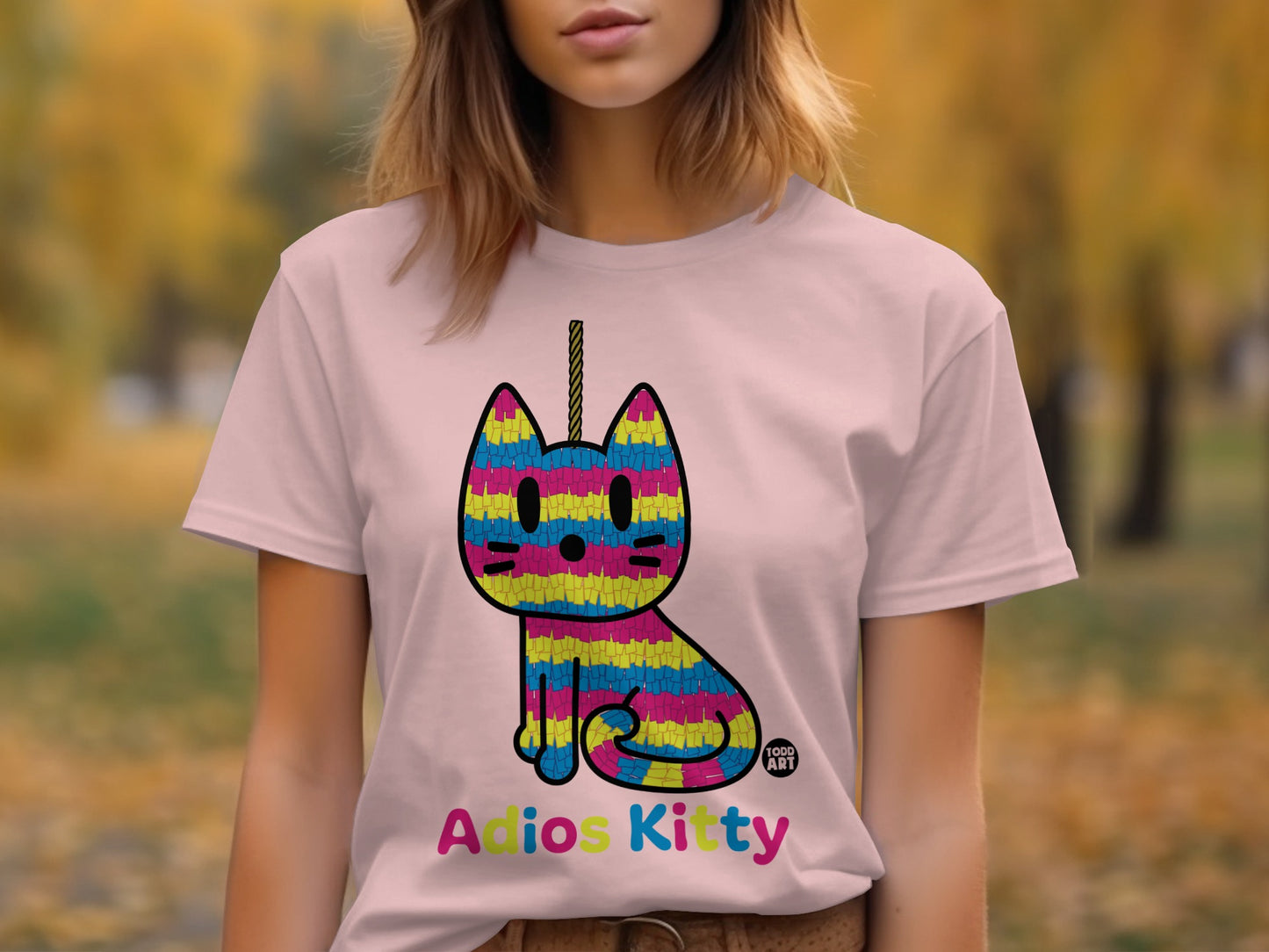 Adios Kitty Colorful Striped Design Graphic Tee