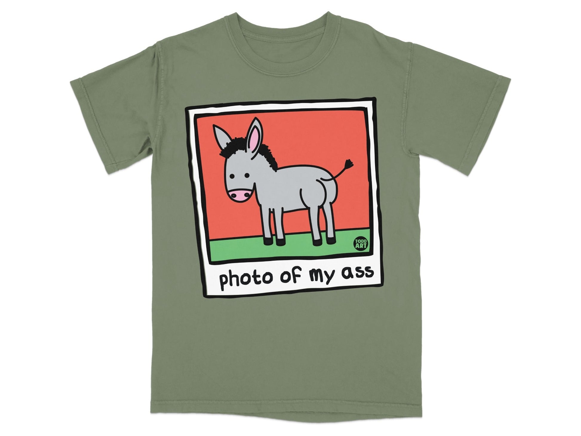 Cartoon donkey with a picture frame and text "photo of my ass".
