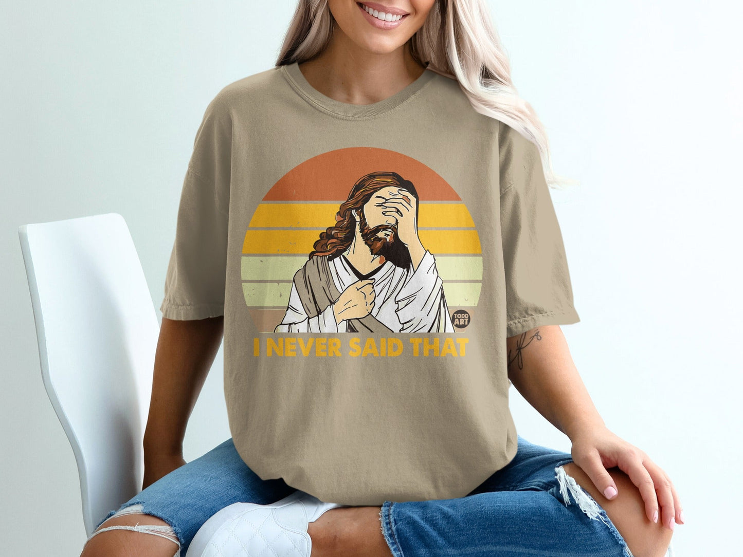 Jesus with hand over face, text "I NEVER SAID THAT".