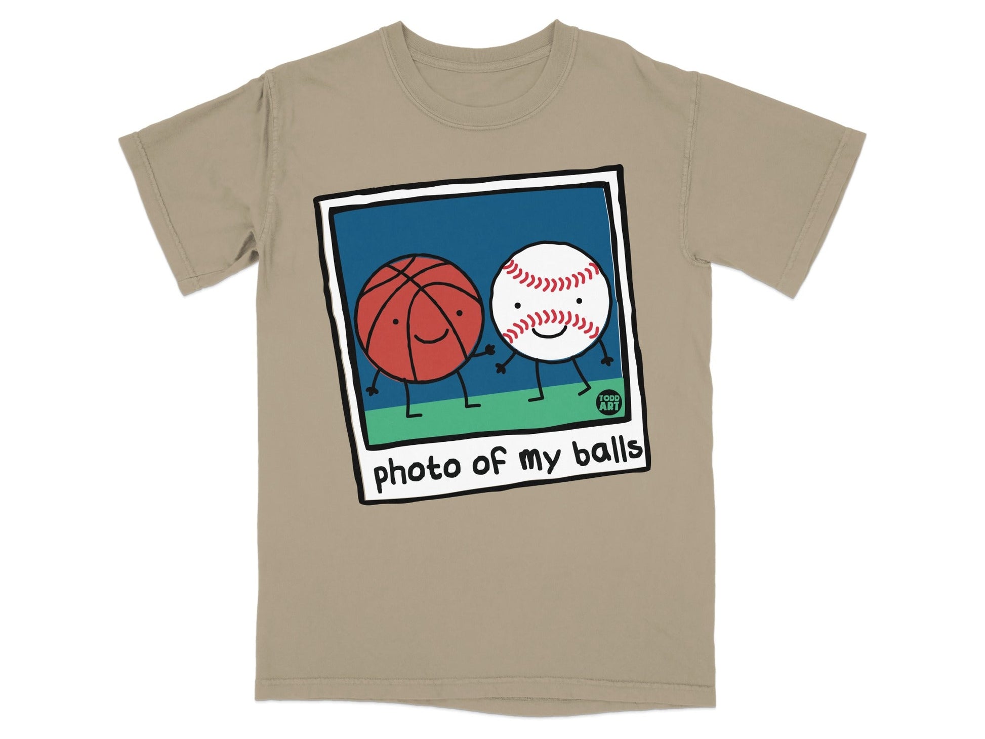 T-shirt featuring a cartoon basketball and baseball posing for a photo.