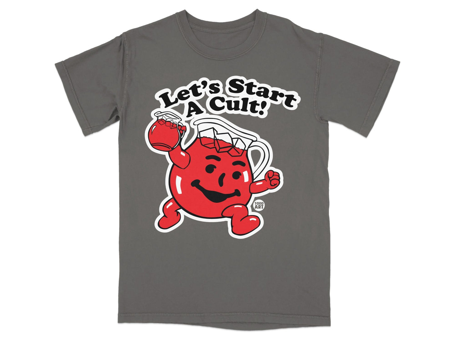 Kool-Aid Man character with "Let's Start A Cult!" text on a gray t-shirt.