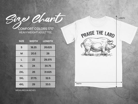 Comfort Colors 1717 heavyweight adult tee size chart with width and length measurements.
