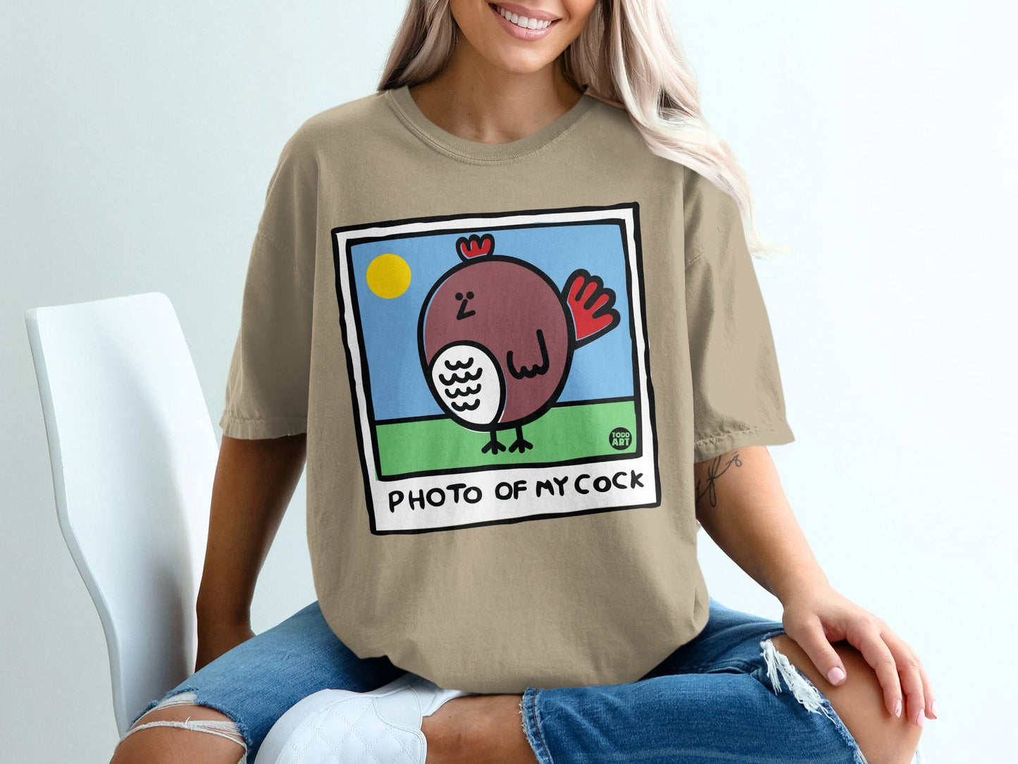 T-shirt with cartoon chicken photo and "PHOTO OF MY COCK" text.