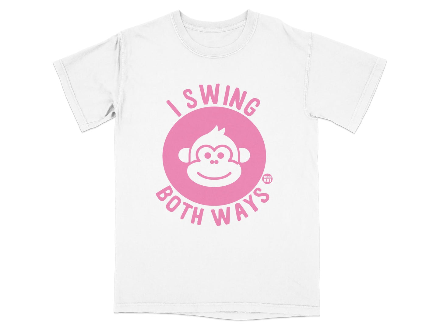 White t-shirt with pink text "I SWING BOTH WAYS" and monkey graphic.