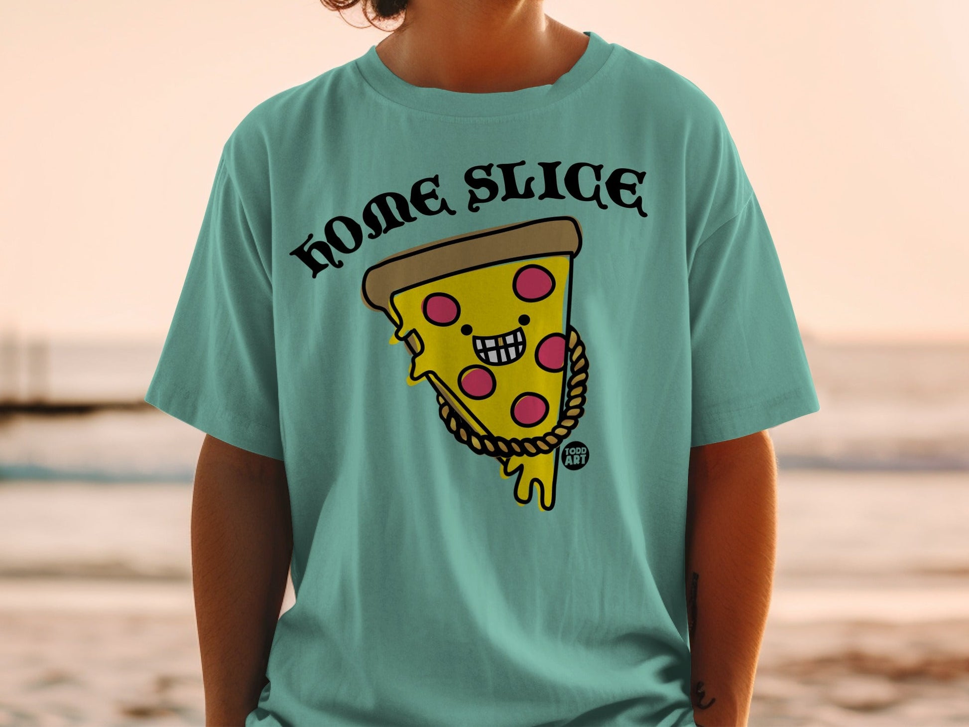 Teal t-shirt with a smiling pizza slice wearing a gold chain.