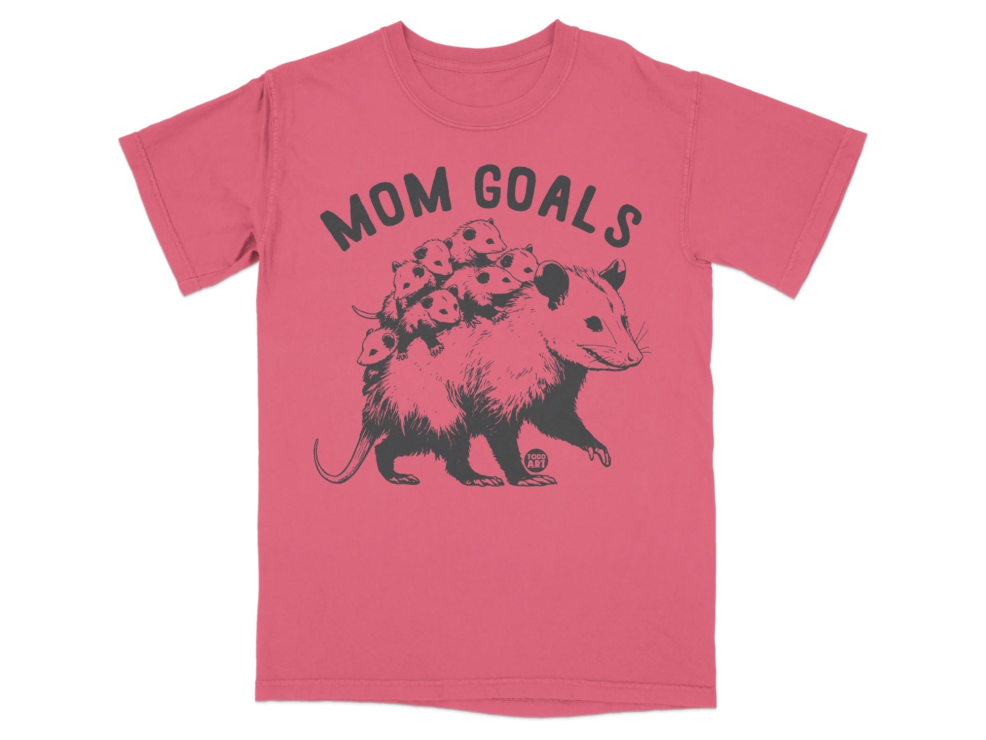 Opossum with babies on back, text "MOM GOALS" above.