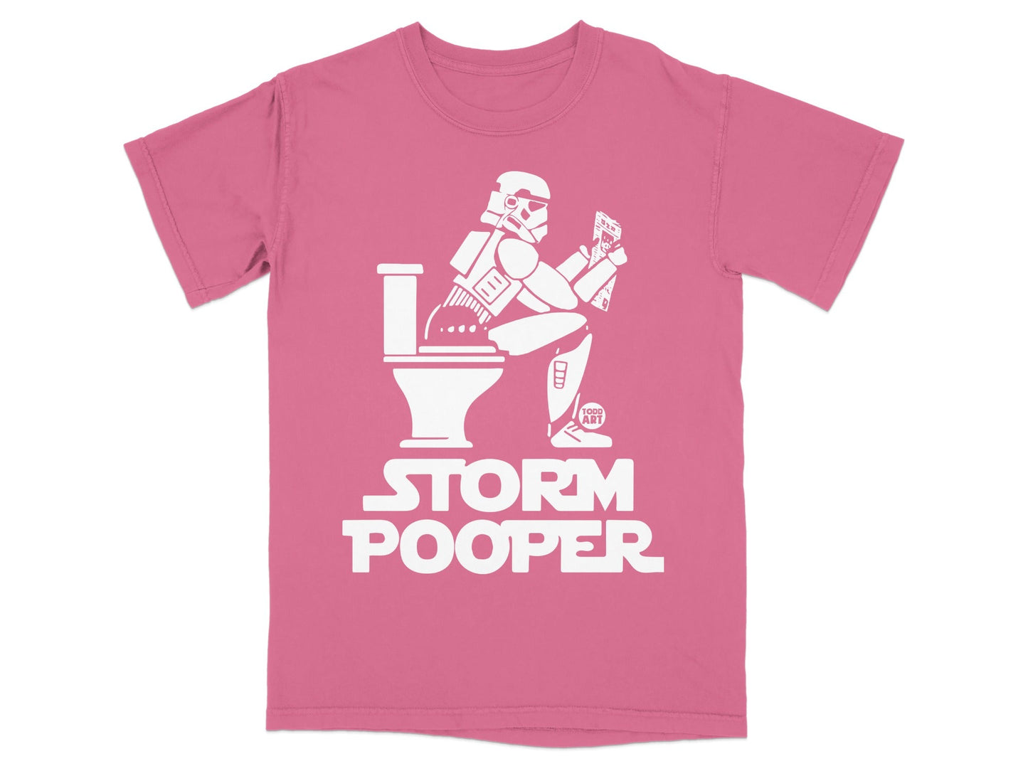 Stormtrooper sitting on toilet, reading a datapad, "Storm Pooper" text.
