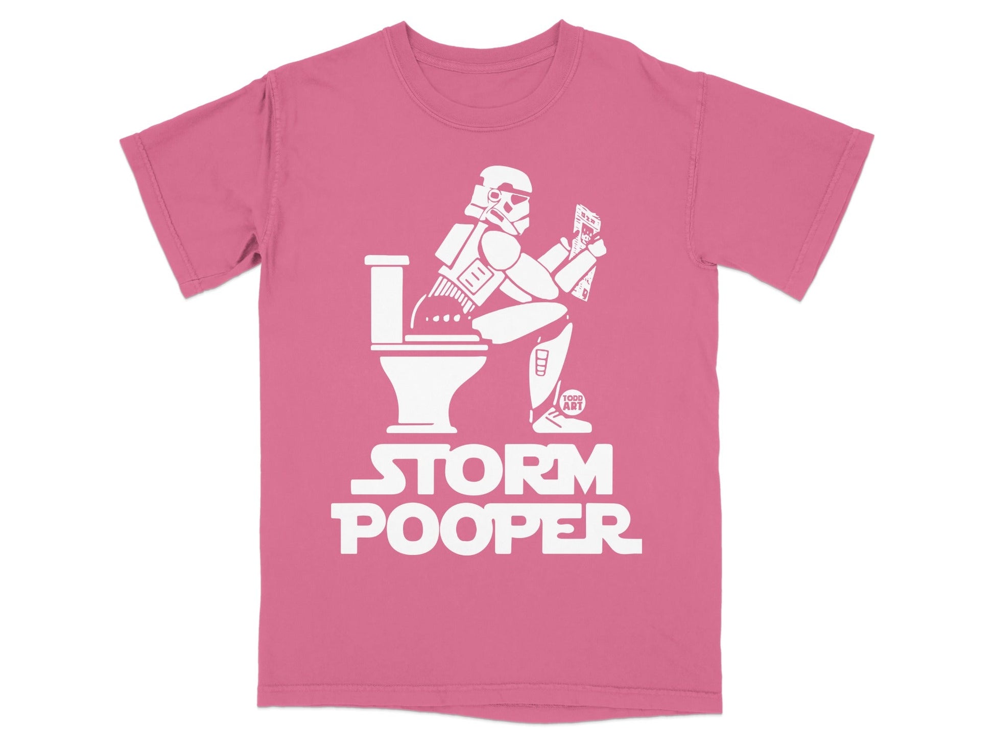 Stormtrooper sitting on toilet, reading a datapad, "Storm Pooper" text.
